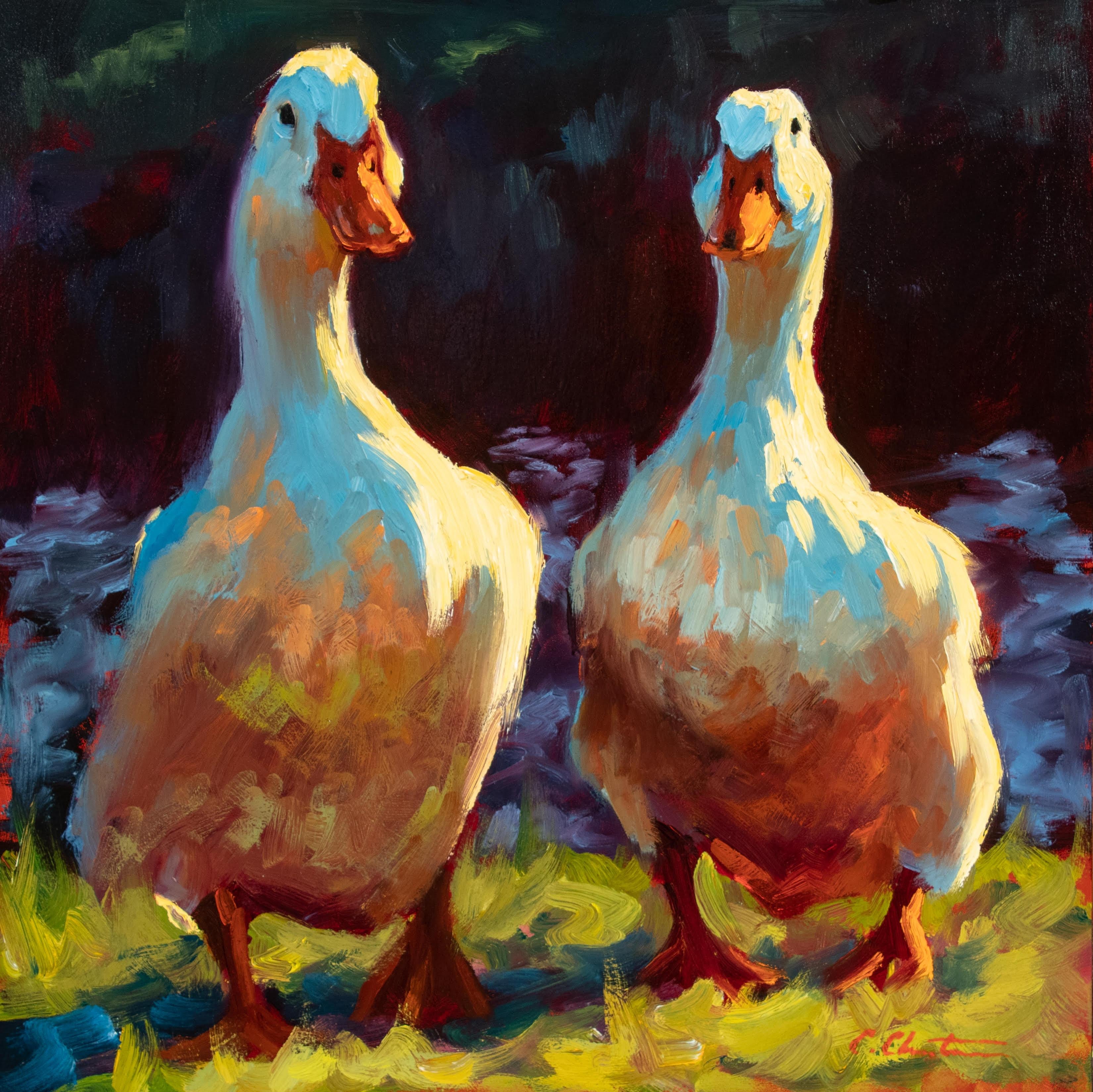 Cheri Christensen Animal Painting - "Quackers" impressionist style oil painting of two ducks in a field