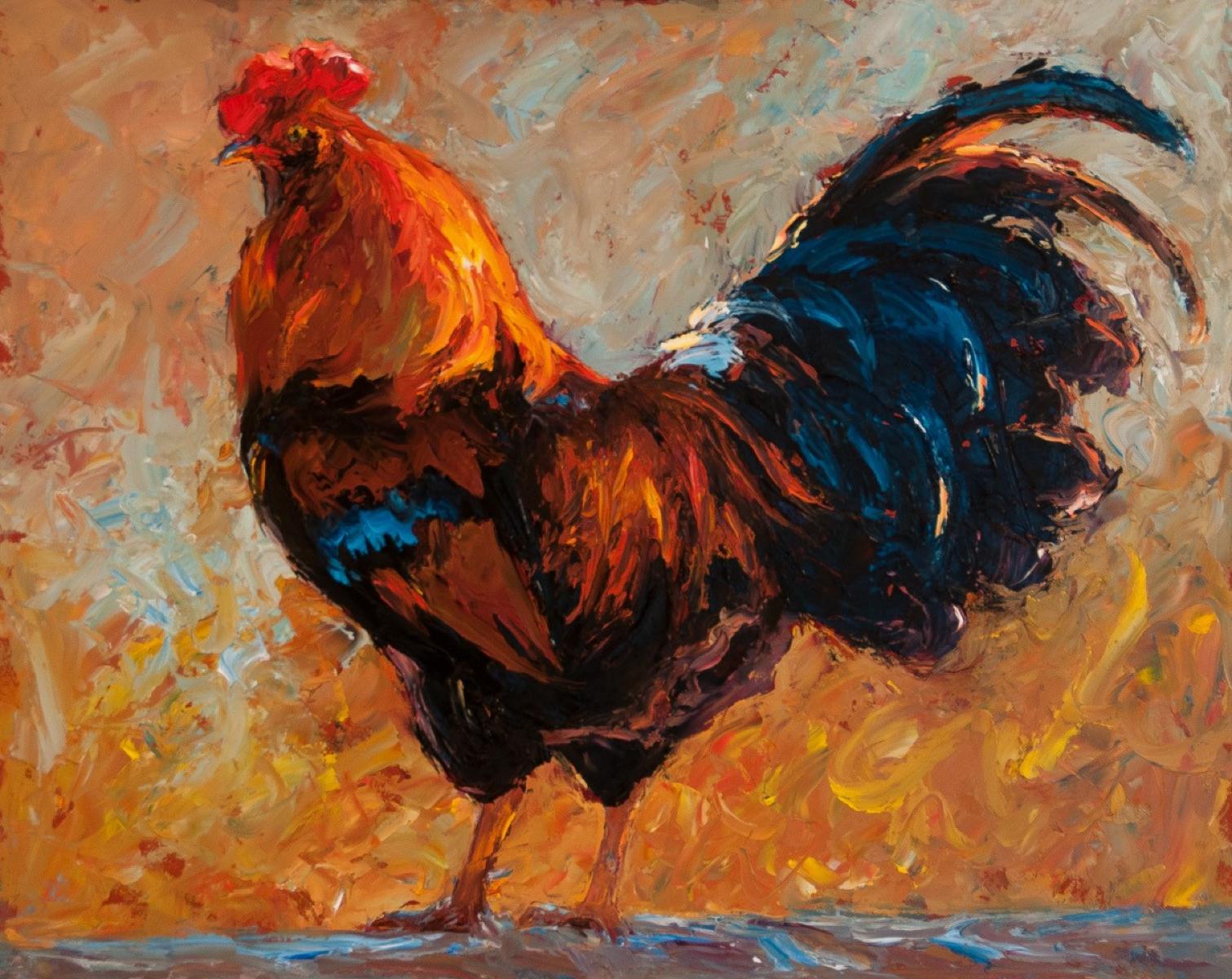 Coq bondissant, peinture à l'huile, artiste texan, peintures d'animaux encadrées - Painting de Cheri Christensen