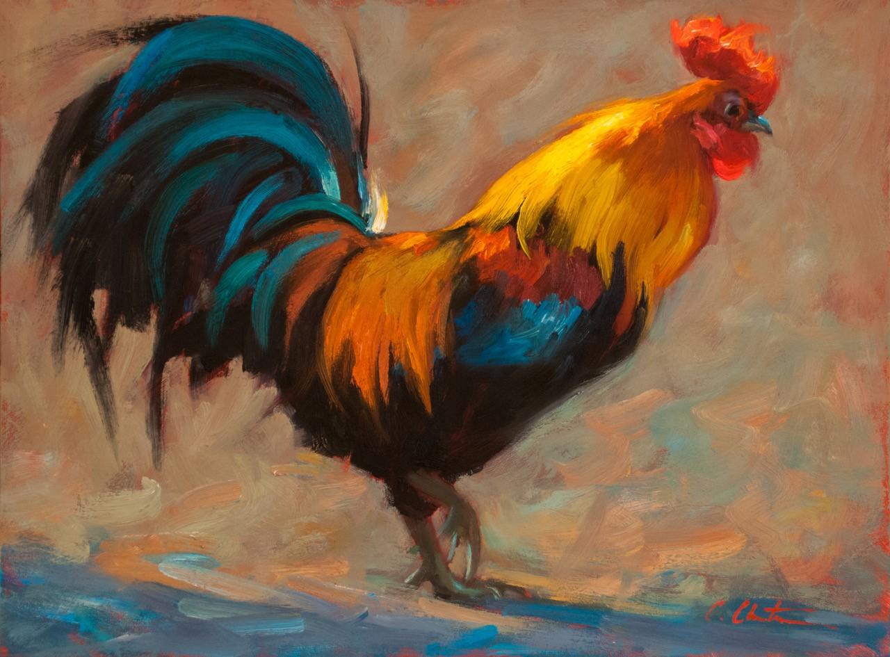 Coq bondissant, peinture à l'huile, artiste texan, peintures d'animaux encadrées - Impressionnisme américain Painting par Cheri Christensen