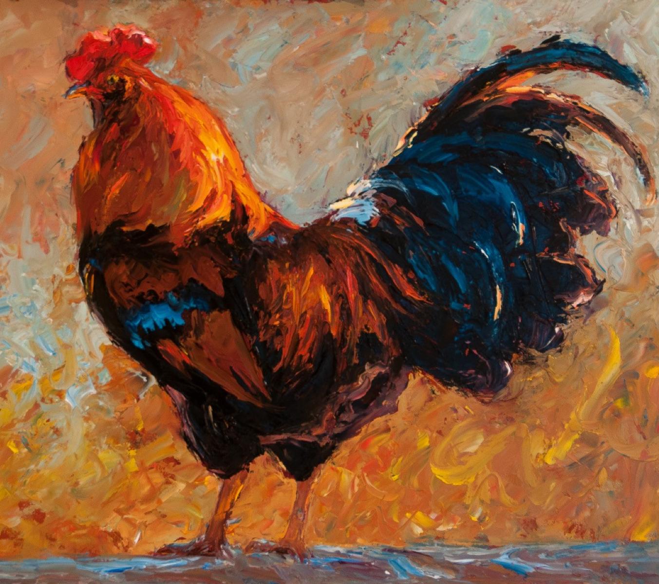 Coq bondissant, peinture à l'huile, artiste texan, peintures d'animaux encadrées - Marron Animal Painting par Cheri Christensen