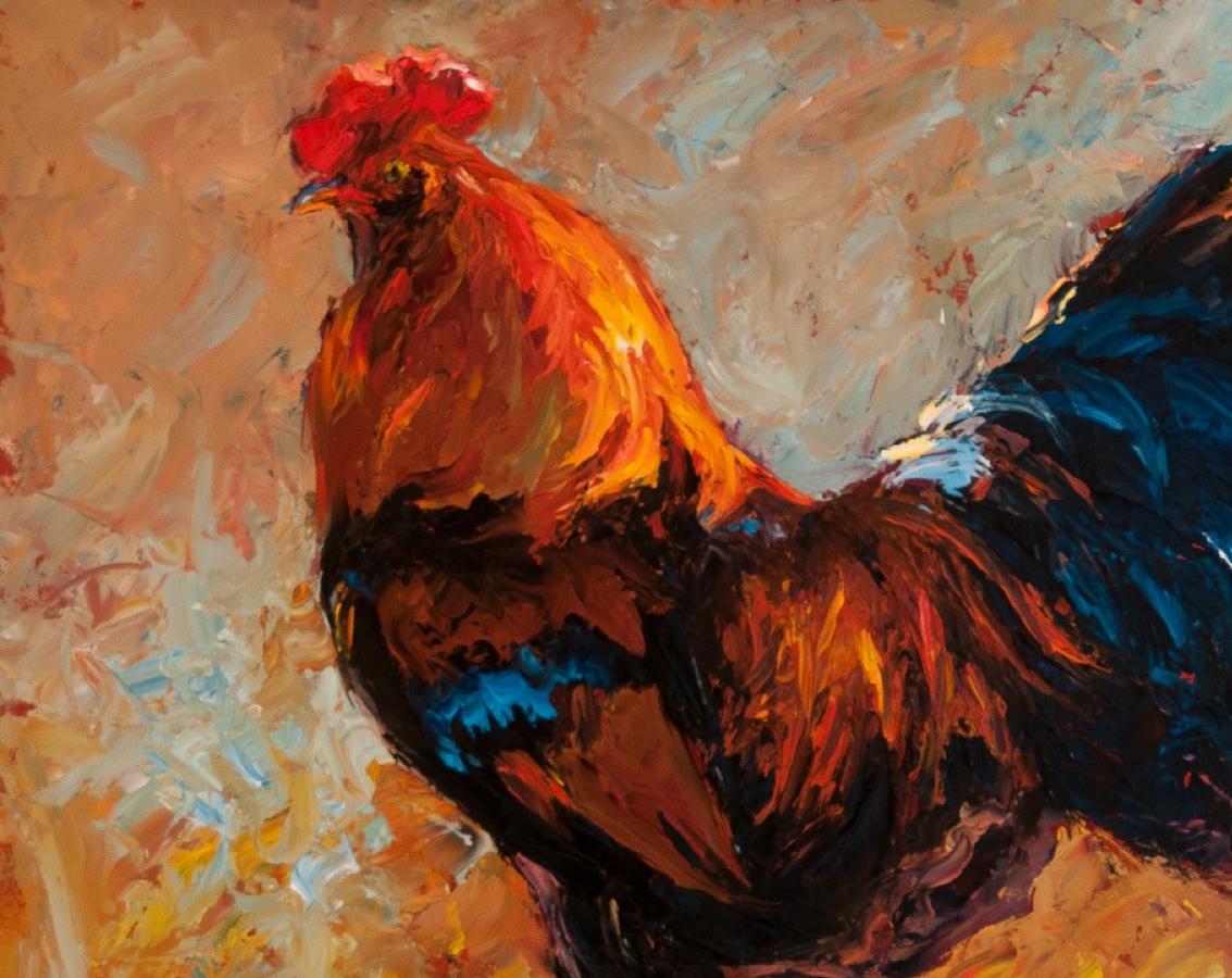 Rambling Roost, Oil Painting, Rooster, Texas Artist, Animal Paintings, Framed For Sale 1