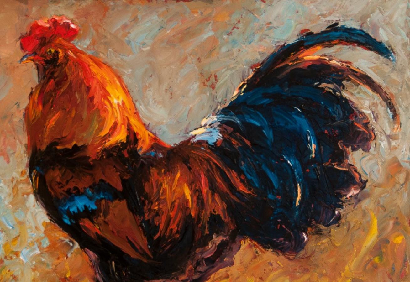 Coq bondissant, peinture à l'huile, artiste texan, peintures d'animaux encadrées en vente 1