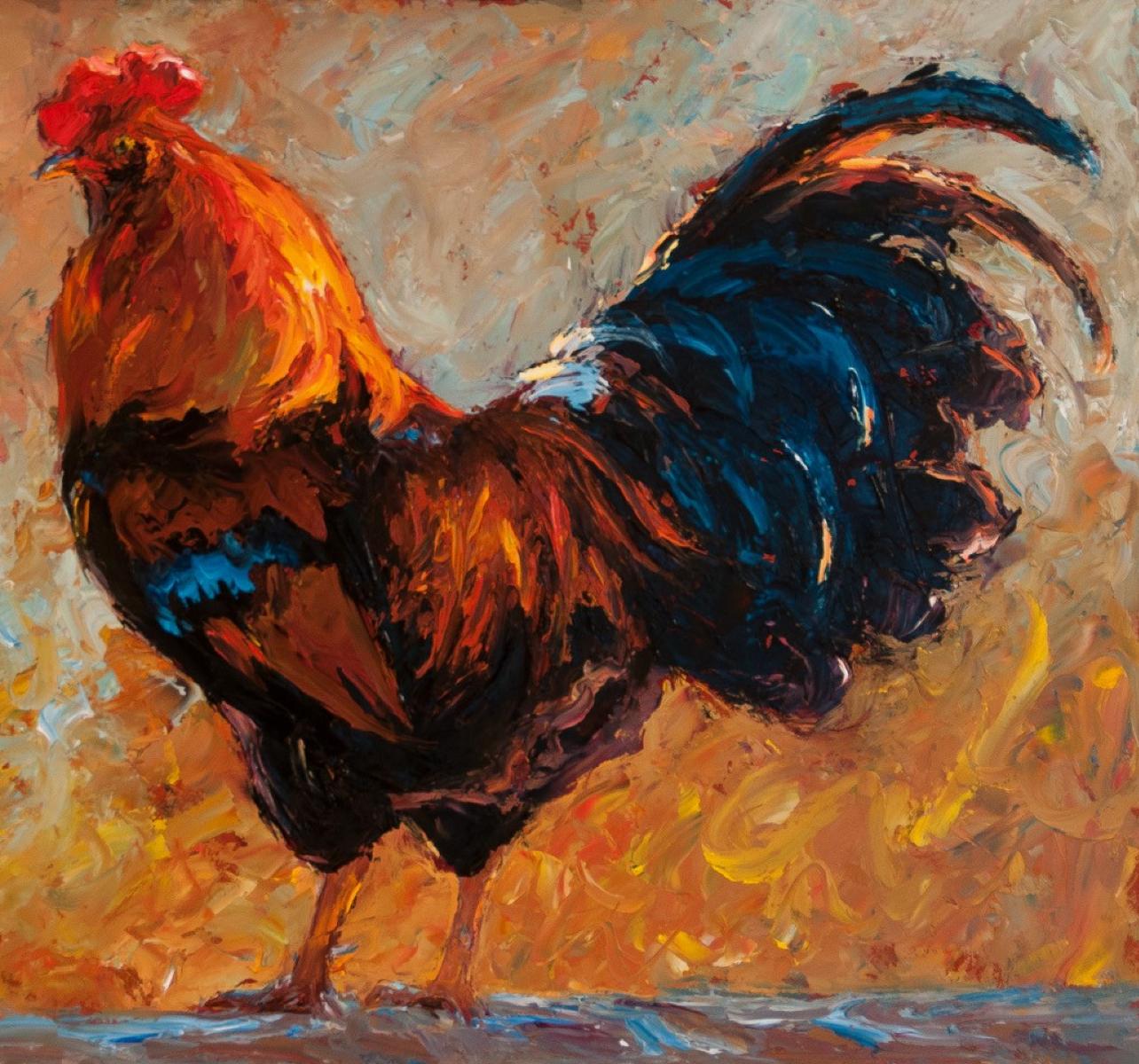 Coq bondissant, peinture à l'huile, artiste texan, peintures d'animaux encadrées en vente 2