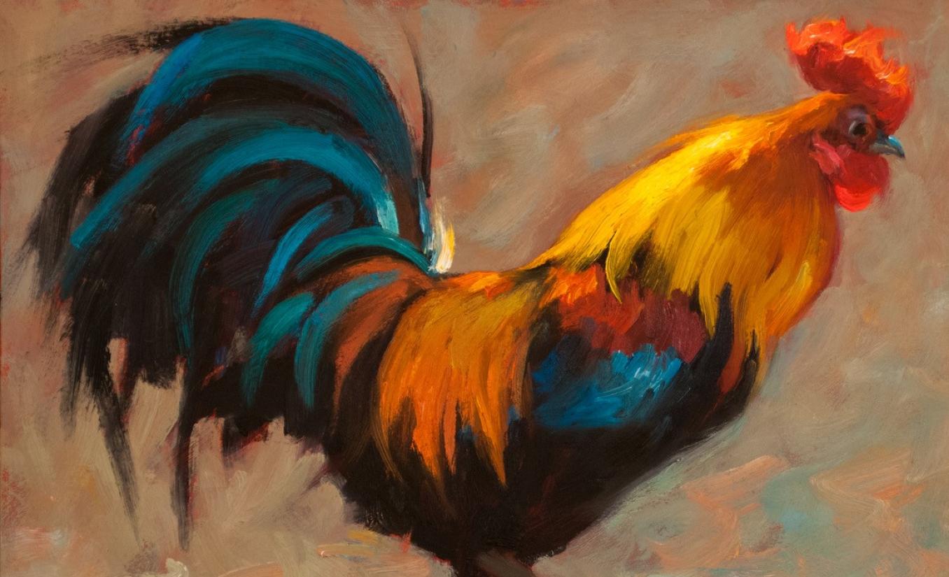 Gallo a las 5 a.m.  Pintura al óleo, Gallo, Artista tejano, Pinturas de animales, Enmarcado - Painting impresionista estadounidense de Cheri Christensen