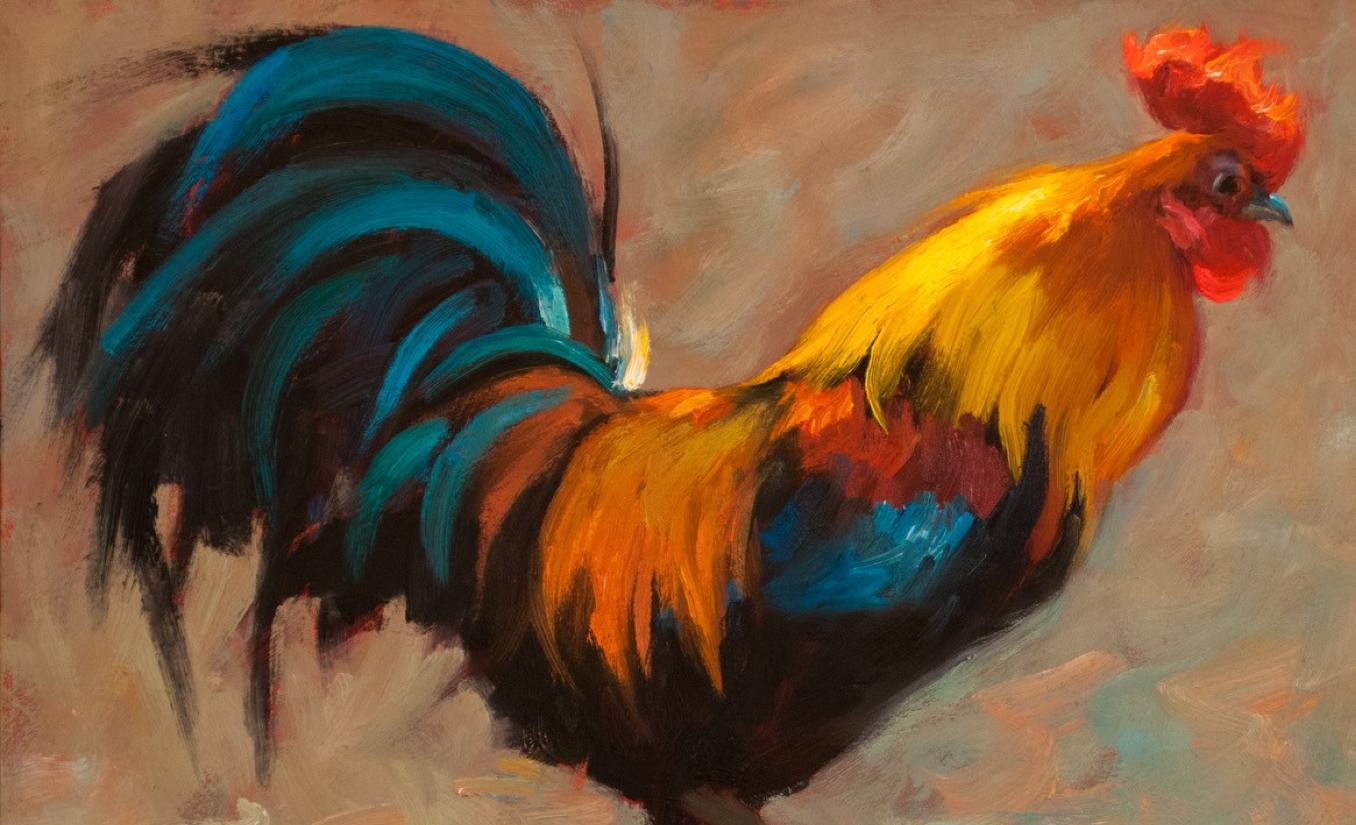  Rule the Roost, peinture à l'huile, coq, artiste texan, peintures d'animaux - Painting de Cheri Christensen