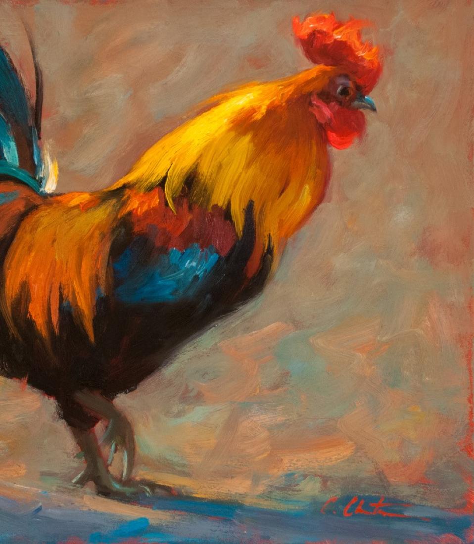  Rule the Roost, peinture à l'huile, coq, artiste texan, peintures d'animaux - Marron Animal Painting par Cheri Christensen