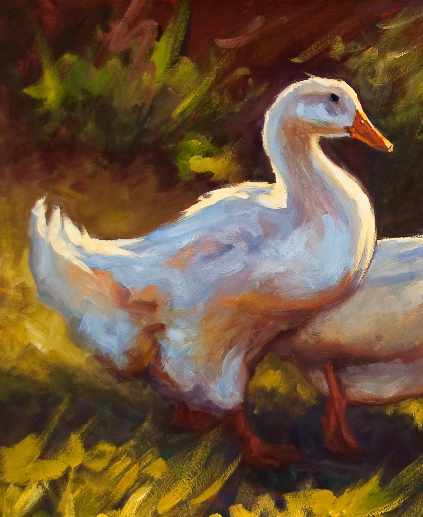 Sacred Pond, oil painting, Three Ducks waddling near a Pond, Texas Artist - Painting by Cheri Christensen