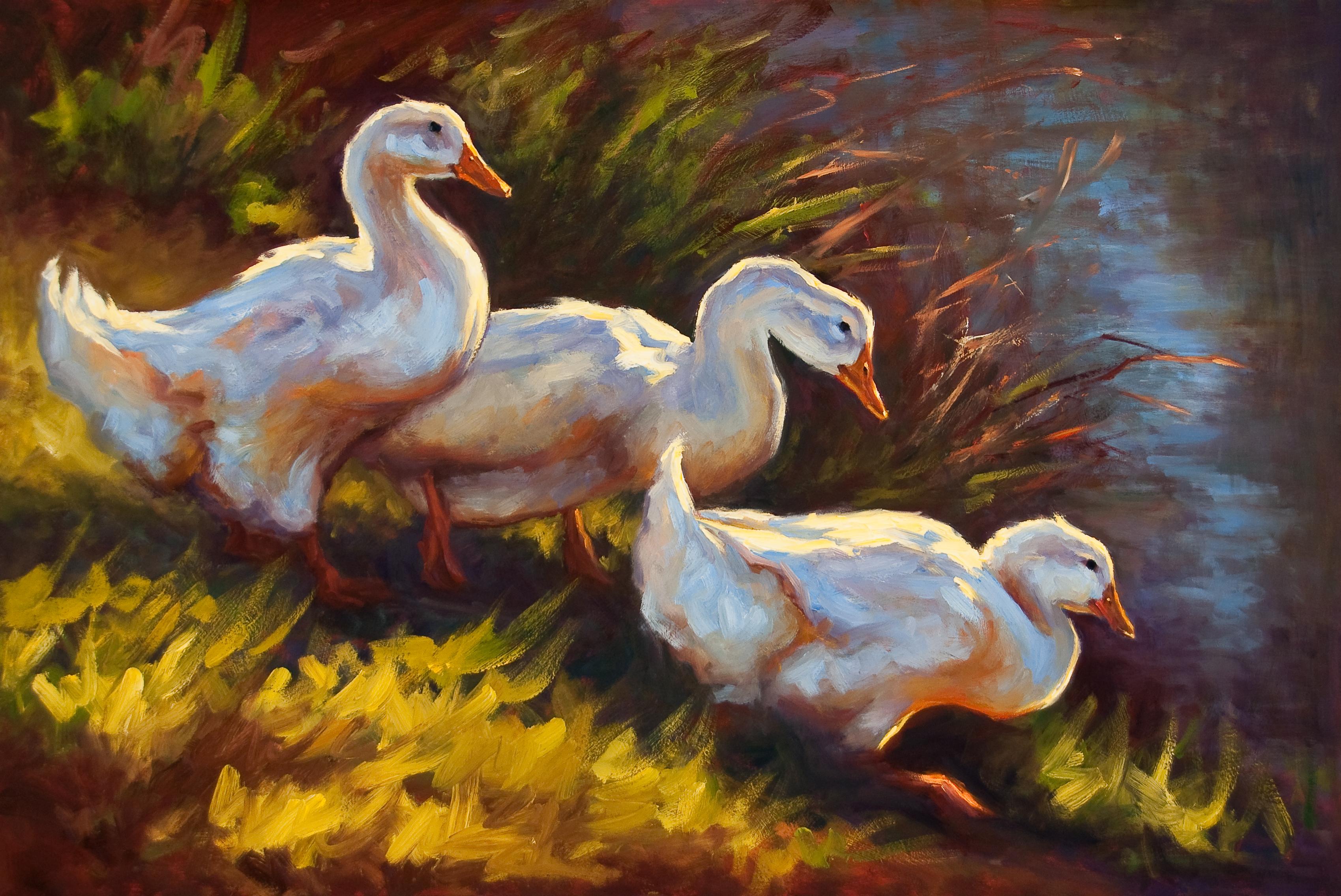 Sacred Pond, oil painting, Three Ducks waddling near a Pond, Texas Artist