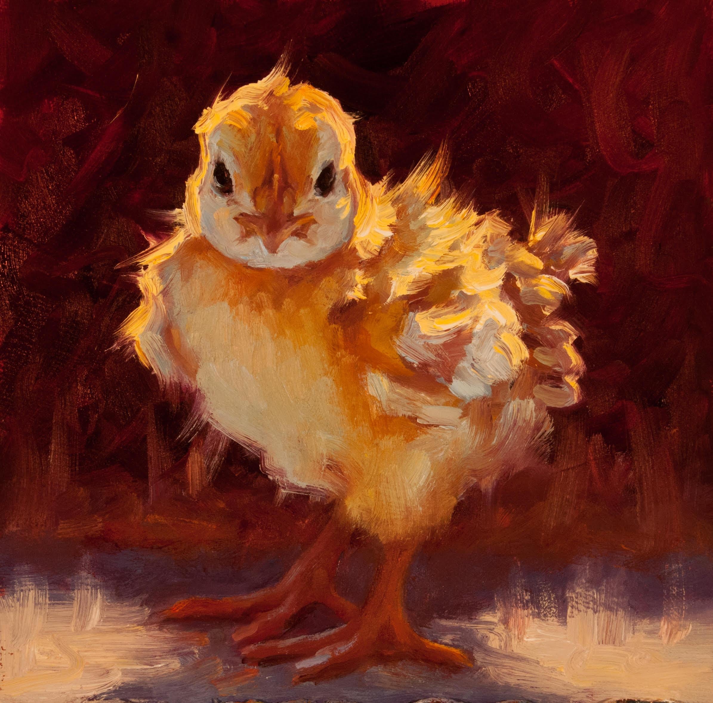 Cheri Christensen Animal Painting - "Sassy Chick II" impressionist style oil painting of a yellow chick