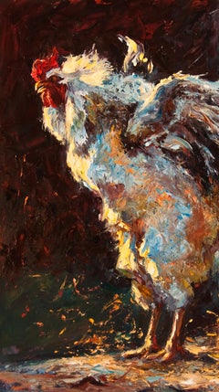 Something to Crow About 24" x 18" Rooster Farm Animal Huile sur panneau signée $6400