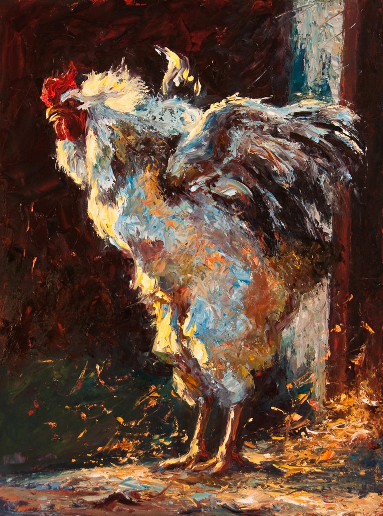 Cheri Christensen Landscape Painting - Something to Crow About, oil painting, Texas Rooster Painting, Texas Artist