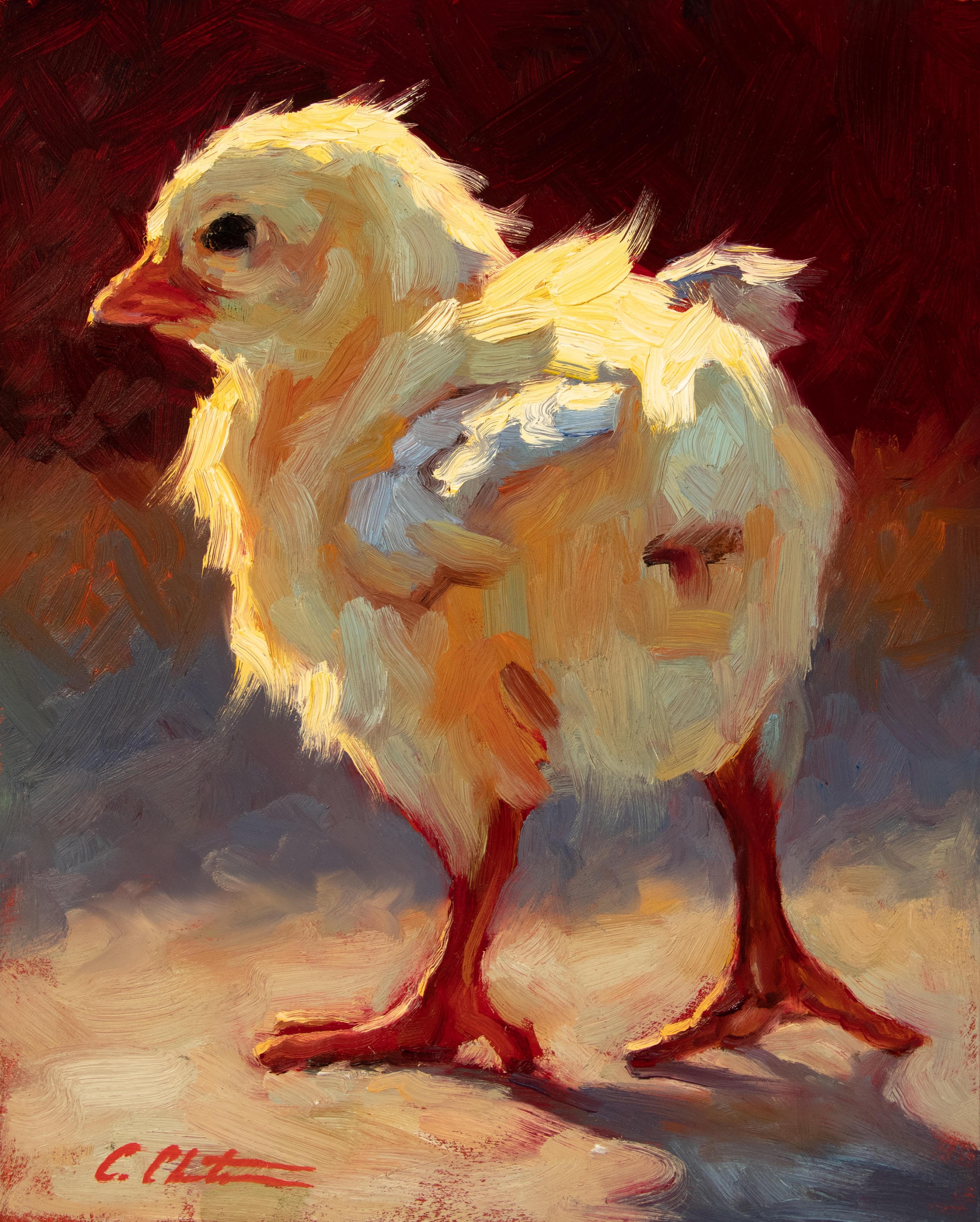 Cheri Christensen Animal Painting - "Spring Chick" oil painting of a yellow baby chicken with backlighting