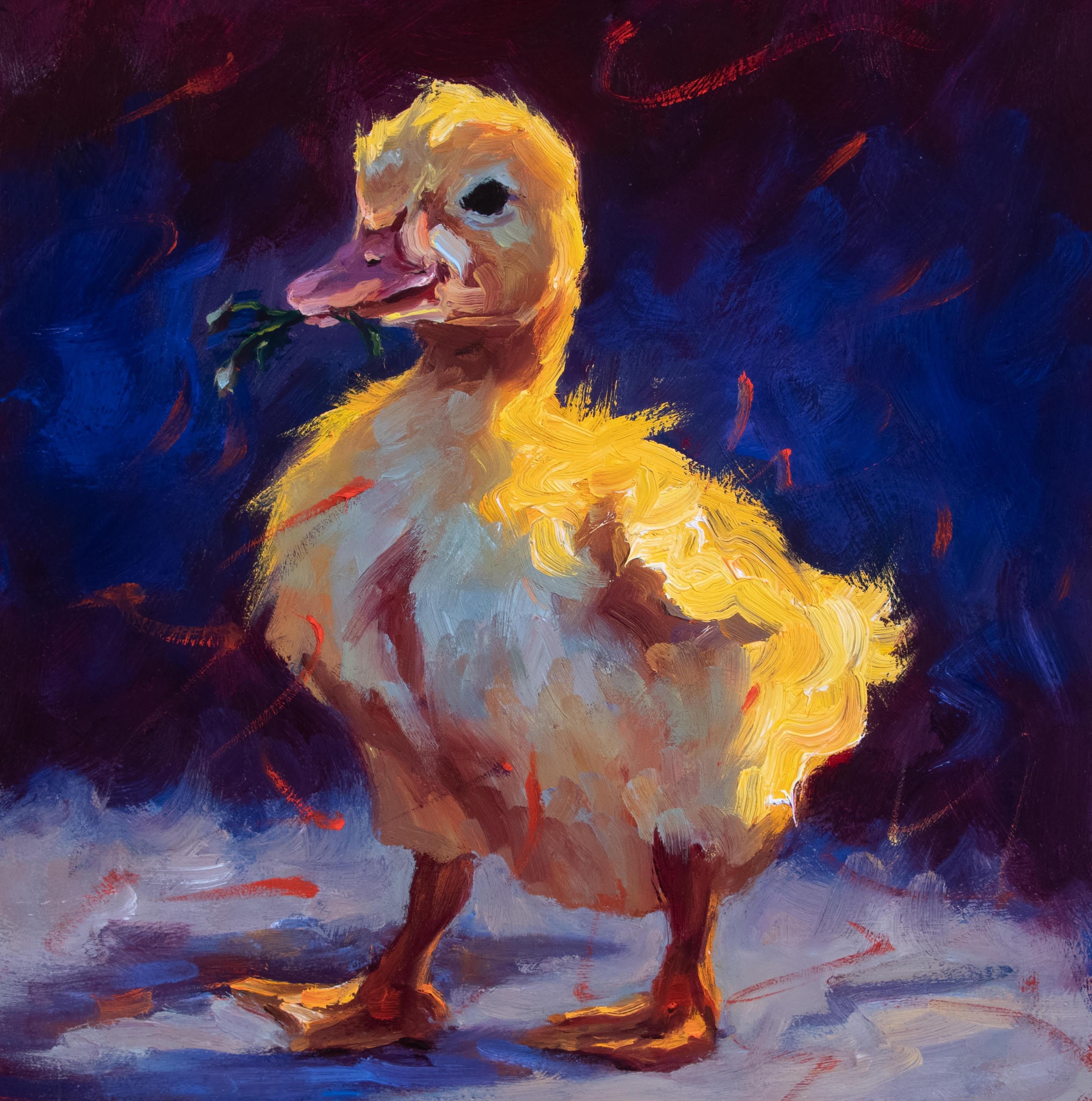 Cheri Christensen Animal Painting - "Spring" Oil painting of a yellow chick with grass in its beak and dark back
