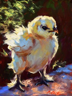 "Super Chick" impressionist style oil painting of a yellow chick