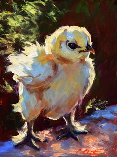 "Super Chick" peinture à l'huile de style impressionniste représentant un poussin jaune