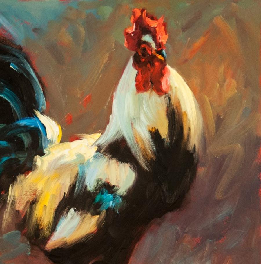 The Proud  Rooster, Oil, Framed, Texas Artist,  Luckenbach, Impressionism 12x`12 - Painting by Cheri Christensen