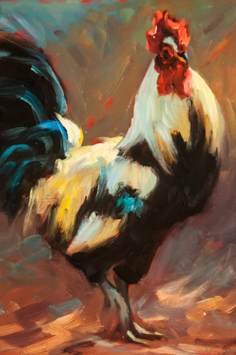 The Proud  Rooster, Oil, Framed, Texas Artist,  Luckenbach, Impressionism 12x`12 - Brown Landscape Painting by Cheri Christensen