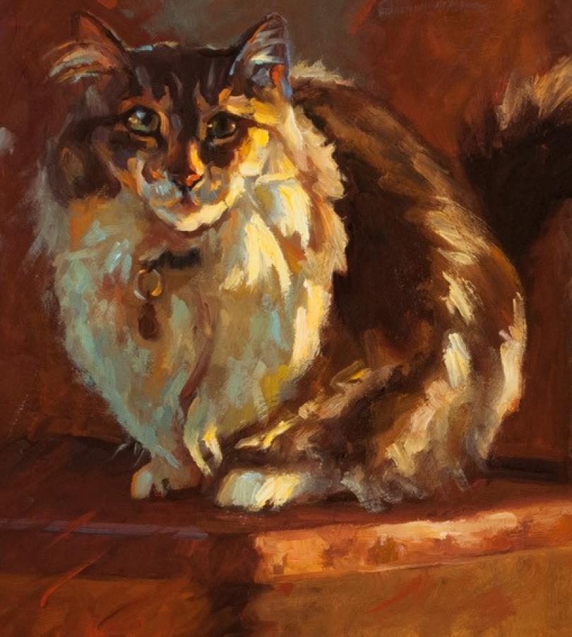 Tink, Impressionism, Oil, Feline, Texas Artist, Cats, Interior Southwest Art - Brown Interior Painting by Cheri Christensen