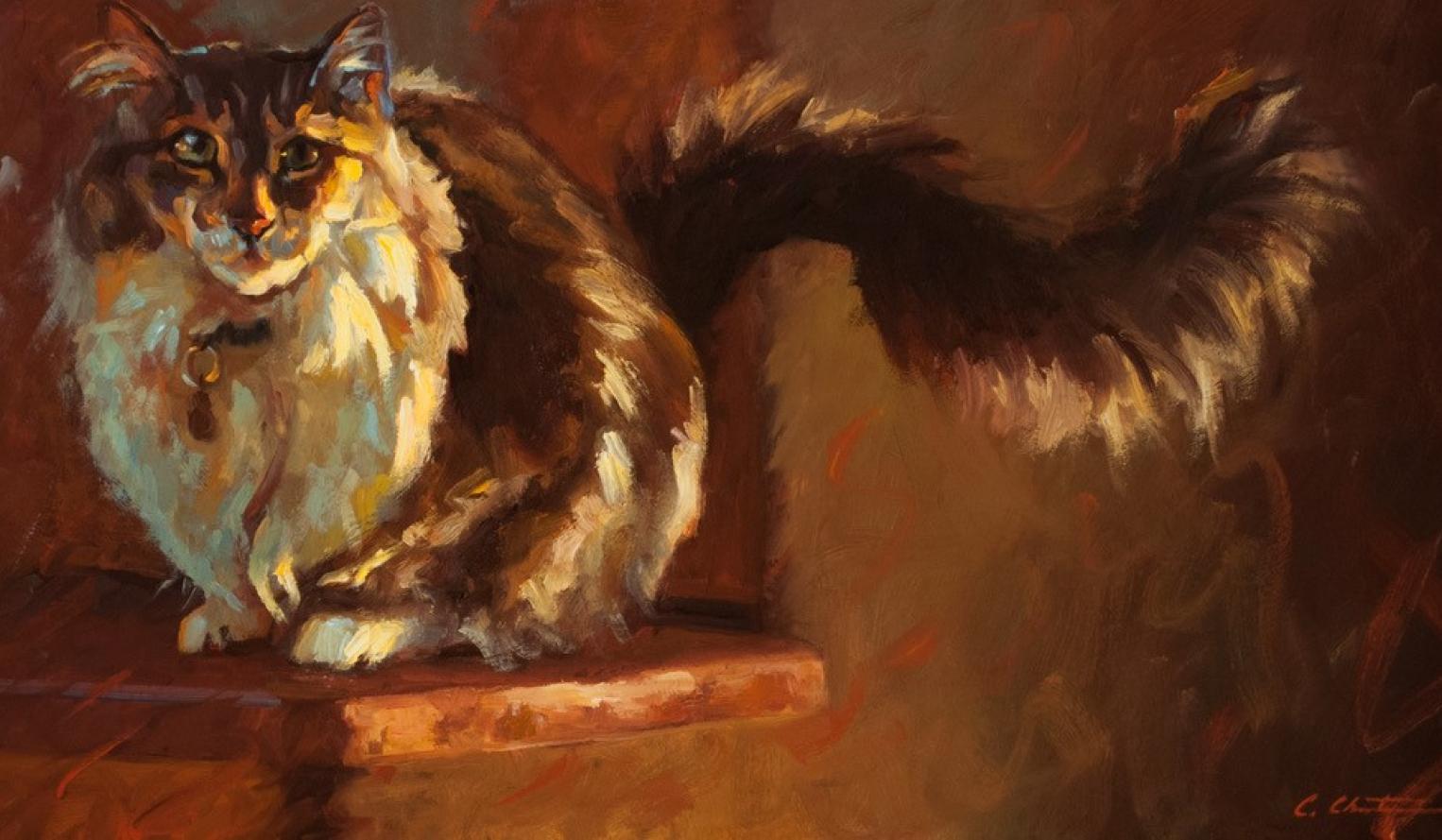 The cat in the painting is Tink. Tink was Cheri Christensen's studio cat. Tink is an interior painting of a cat on a fireplace ledge.  It is 12 x 24 and has a custom made frame.  The framed size is  18 x 30