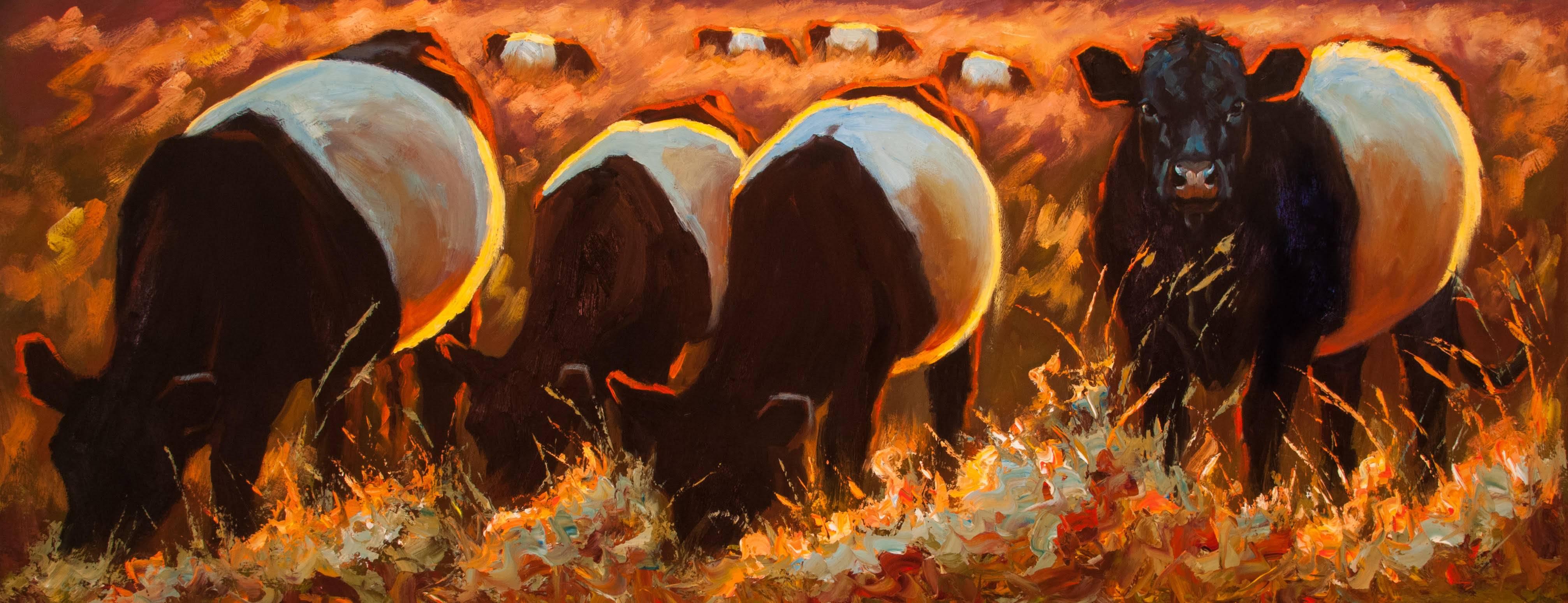 Cheri Christensen Animal Painting - "Vineyard Oreos" Black and White Cows in Warm Dramatic Summer Evening Light