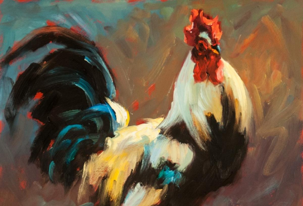 Walking Tall, Rooster, Oil, Framed, Texas Artist,  Luckenbach, Impressionism - American Impressionist Painting by Cheri Christensen