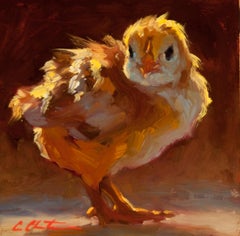 "Where" small scale oil painting of a yellow chick with dark background