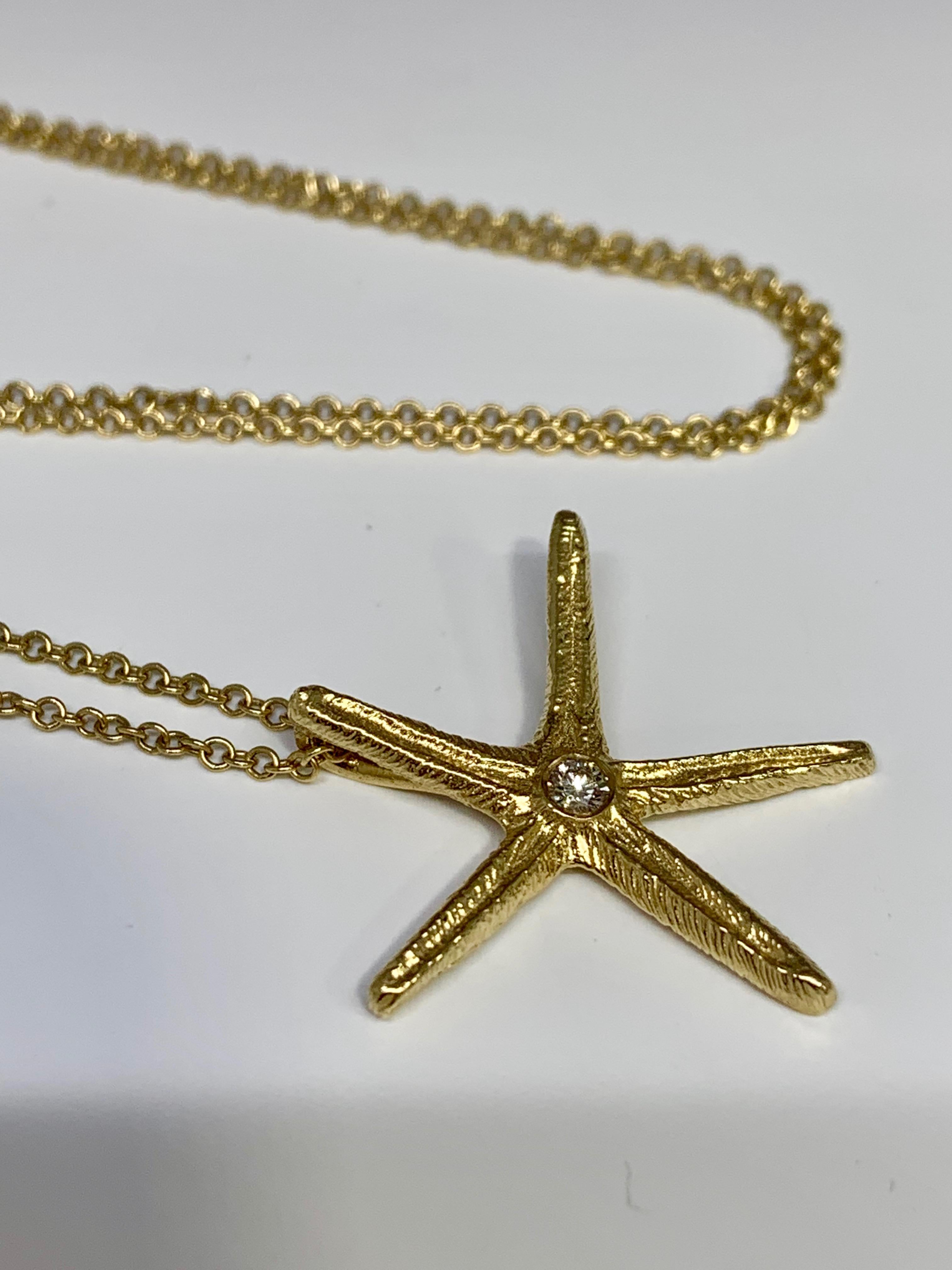 Round Cut Cherie Dori 14 Karat Yellow Gold 0.05 Carat Diamond Starfish Necklace