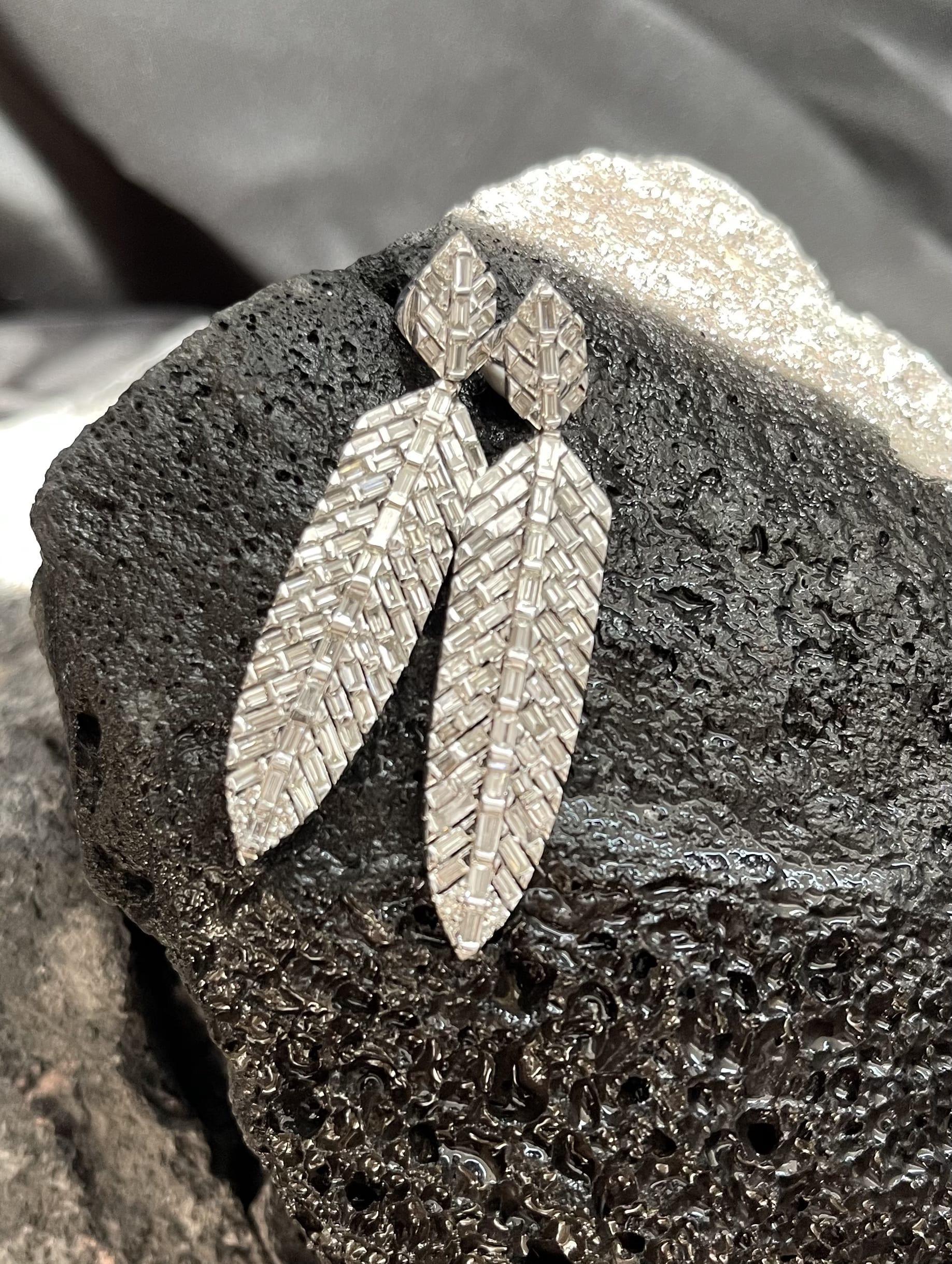 Cherished Charm 14K (or 18k upon request) White Gold Leaf Dusters Drop Earrings In New Condition For Sale In Los Angeles, CA