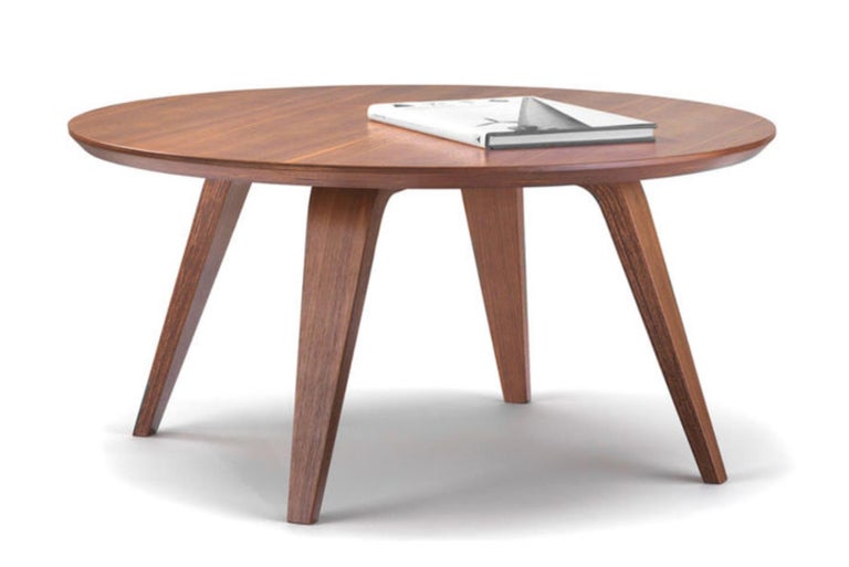 The latest addition to the Cherner table collection. The coffee table comes in two sizes in Natural or classic Walnut. Molded plywood base with a 1? profiled exposed edge tabletop.