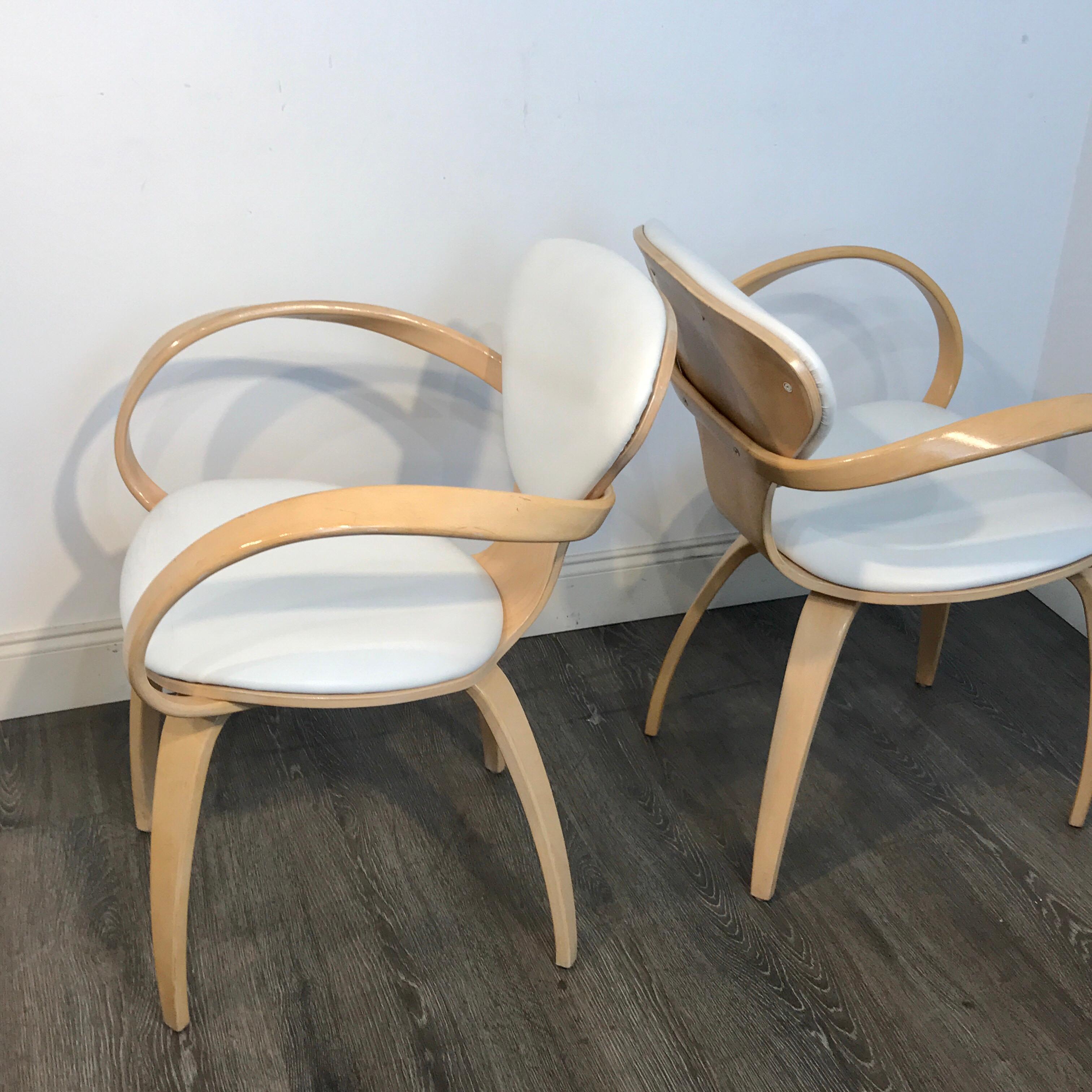 Modern Cherner Style Natural Beech Armchair with White Leather Upholstery, 2 Available For Sale