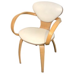 Retro Cherner Style Natural Beech Armchair with White Leather Upholstery, 2 Available