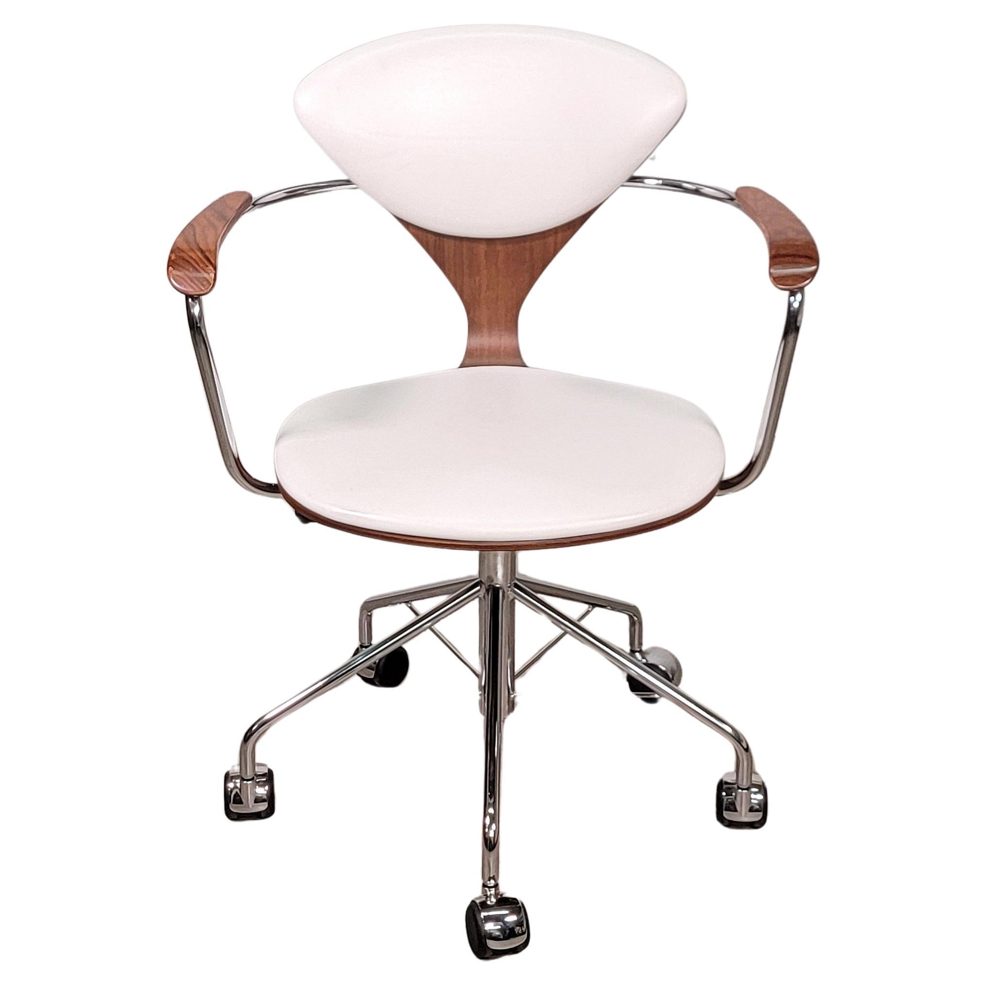 Cherner Task Chair White Leather and Walnut For Sale