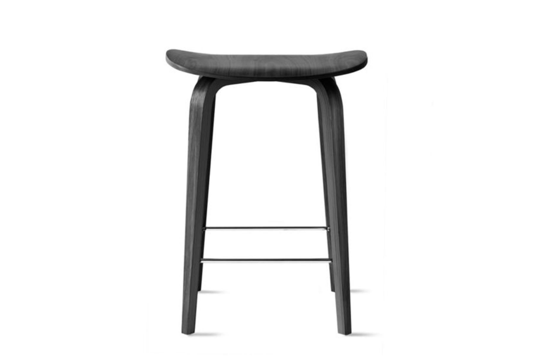 The latest design from Benjamin Cherner. The under counter stool features a molded plywood seat with laminated wood base and a bright chrome footrest. Available in bar and counter heights. Upholstered seat pad is available in fabric or leather. Made