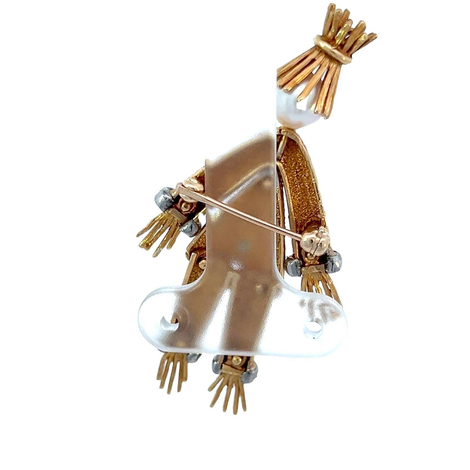 Retro Cherny Cultured Pearl Diamond 18-karat Scarecrow Brooch Pin For Sale