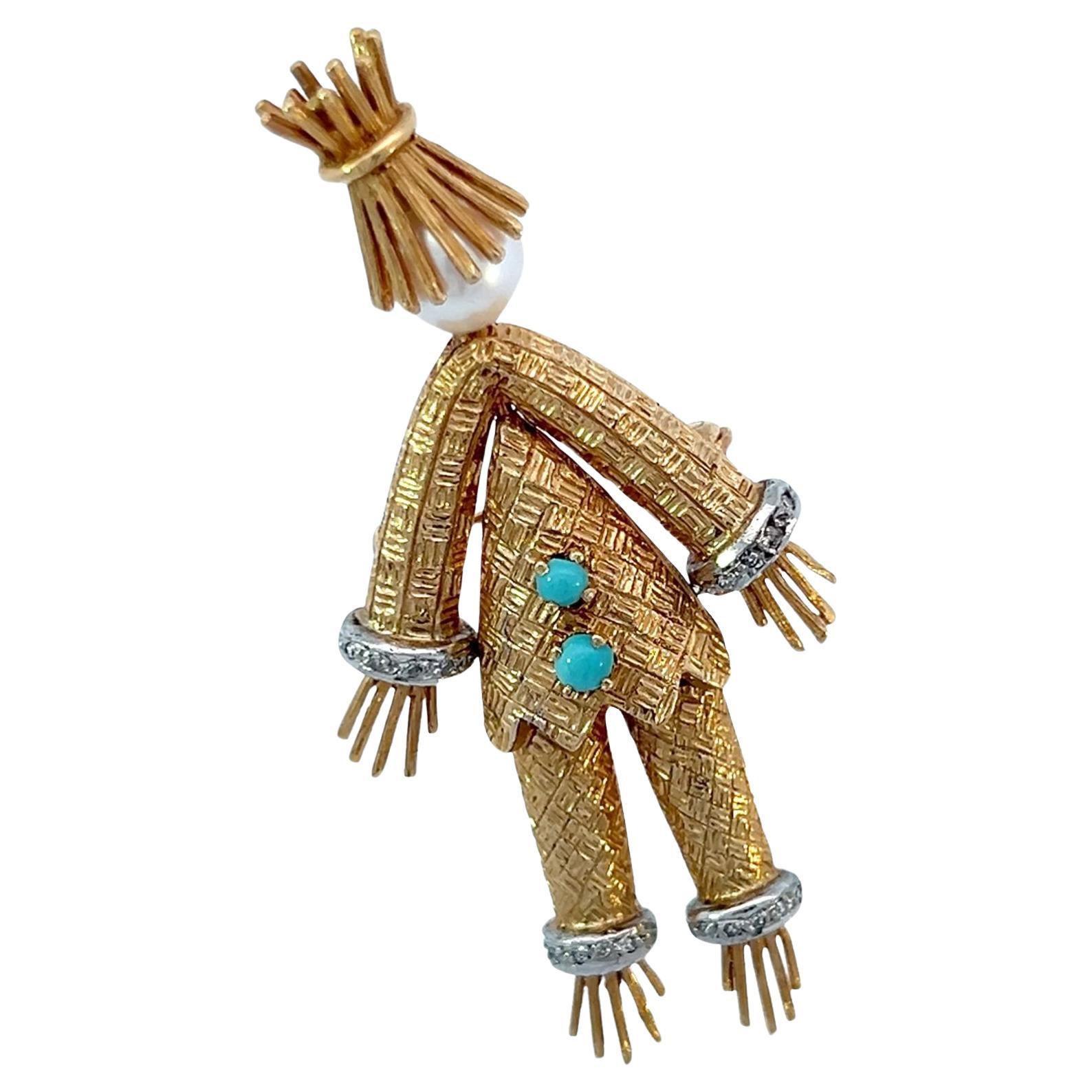 Cherny Cultured Pearl Diamond 18-karat Scarecrow Brooch Pin