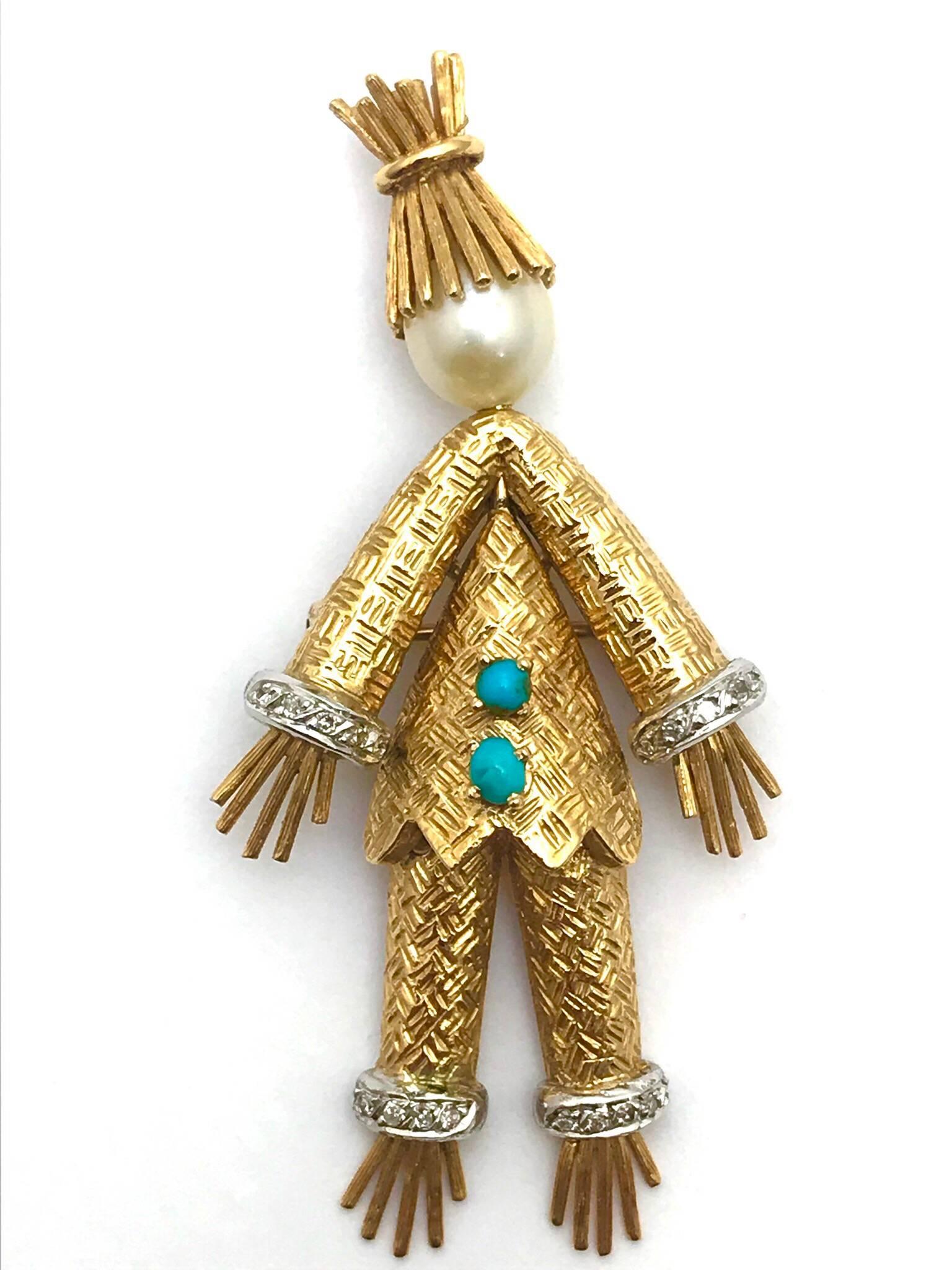 Retro Cherny Cultured Pearl Diamond and Turquoise Yellow Gold Scare Crow Brooch