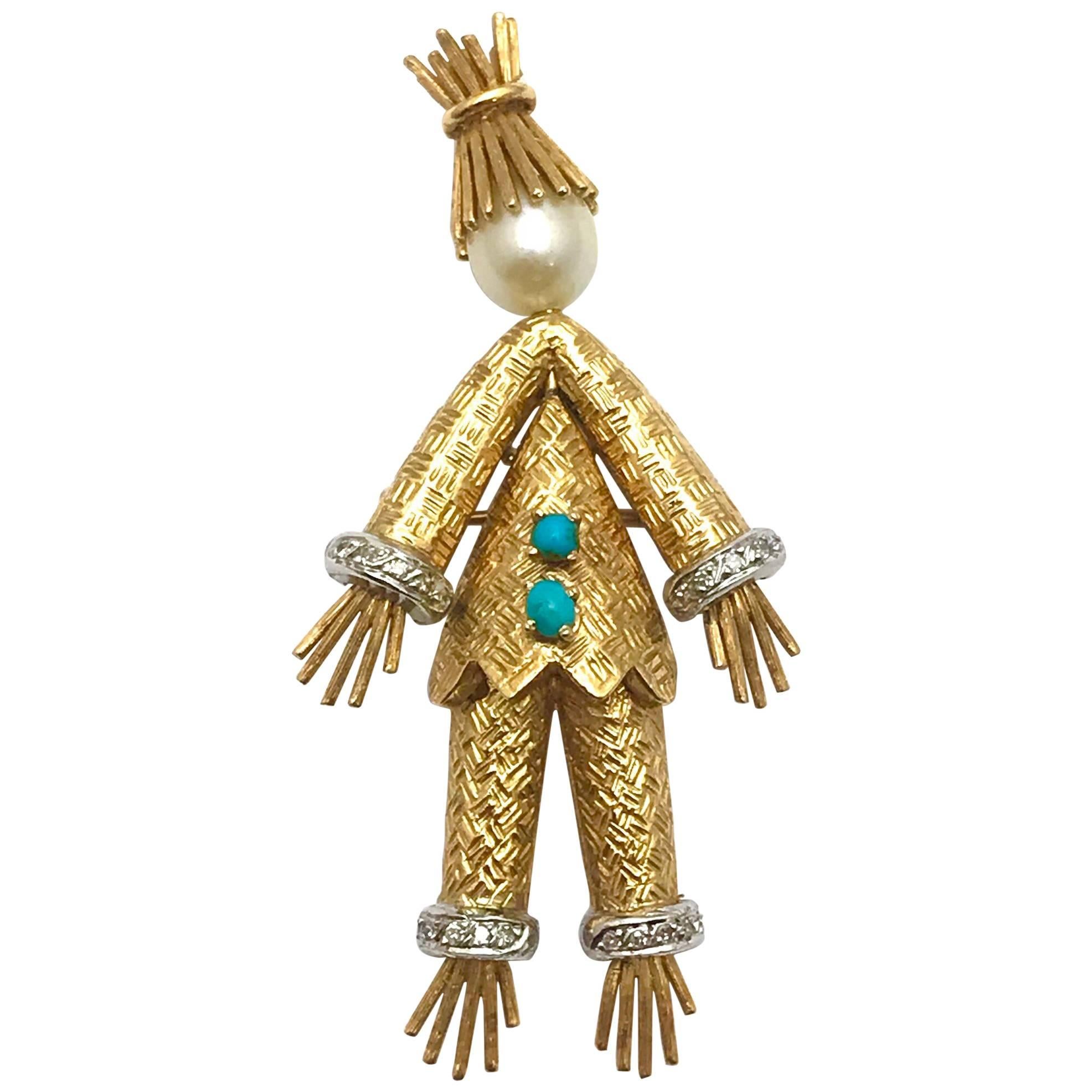 Cherny Cultured Pearl Diamond and Turquoise Yellow Gold Scare Crow Brooch