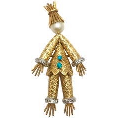 Cherny Cultured Pearl Diamond and Turquoise Yellow Gold Scare Crow Brooch