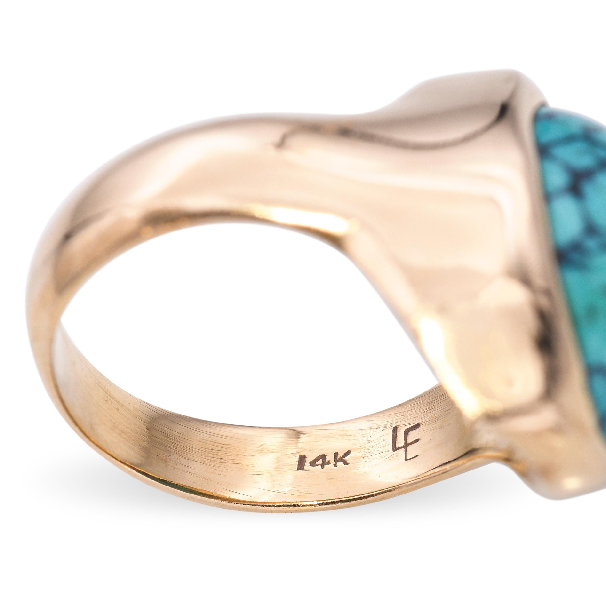 Cherokee artist Lee Epperson 14k Yellow Gold Turquoise Ring In Good Condition For Sale In New York, NY