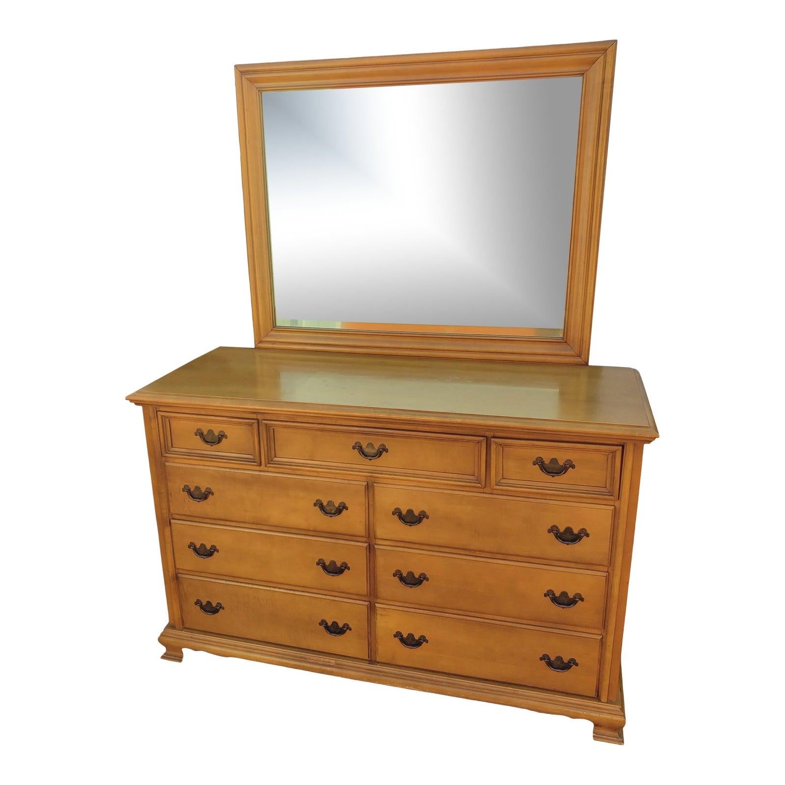 Cherokee Furniture Mid-Century Modern Solid Maple Double Dresser With Mirror