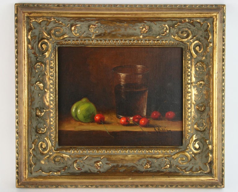 3-399 Cherries table scape still life set in a giltwood frame
Image size: 9.5 x 7.5