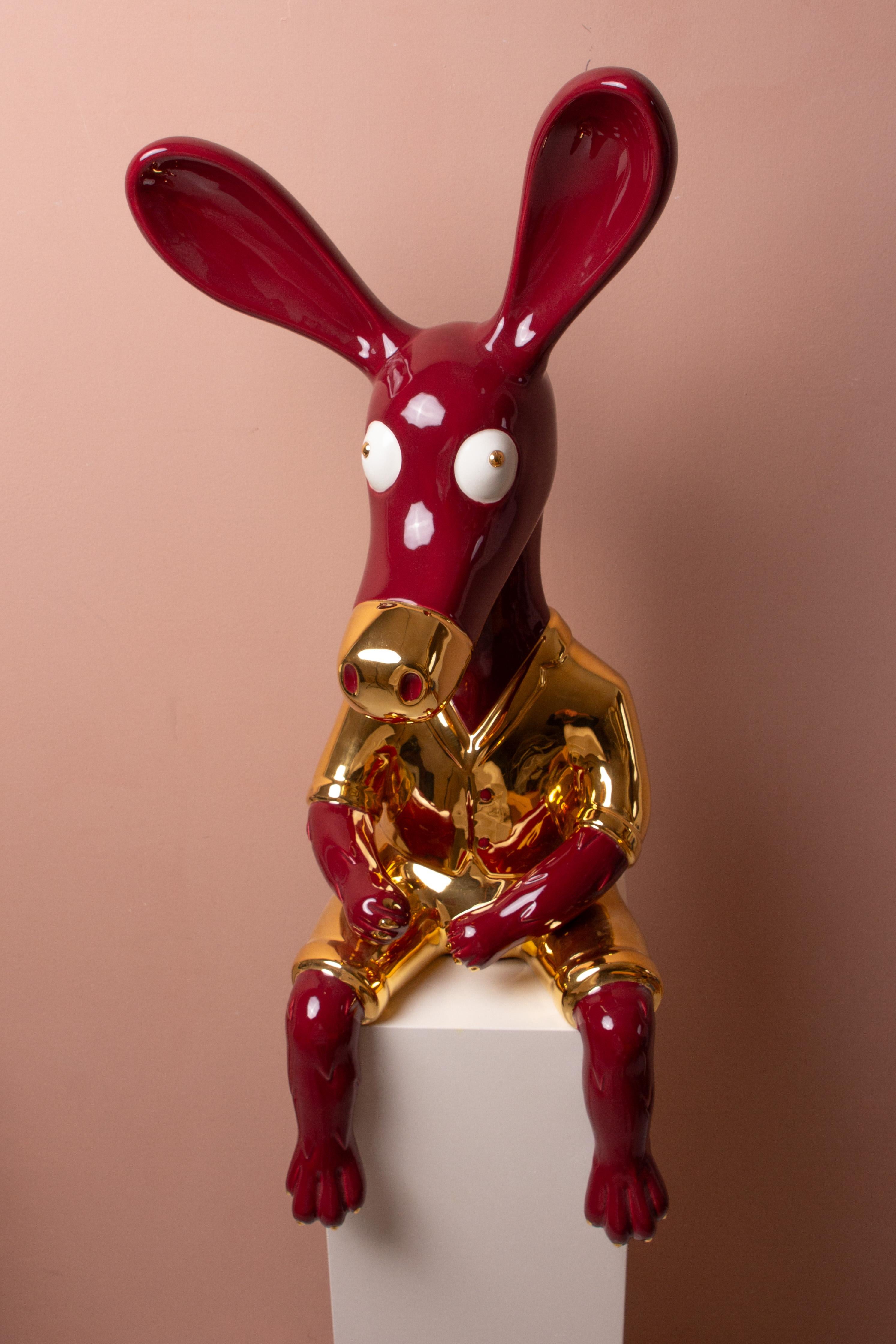 Hand-Crafted Cherry ang gold donky sculpture, ceramic and 24k gold finish For Sale