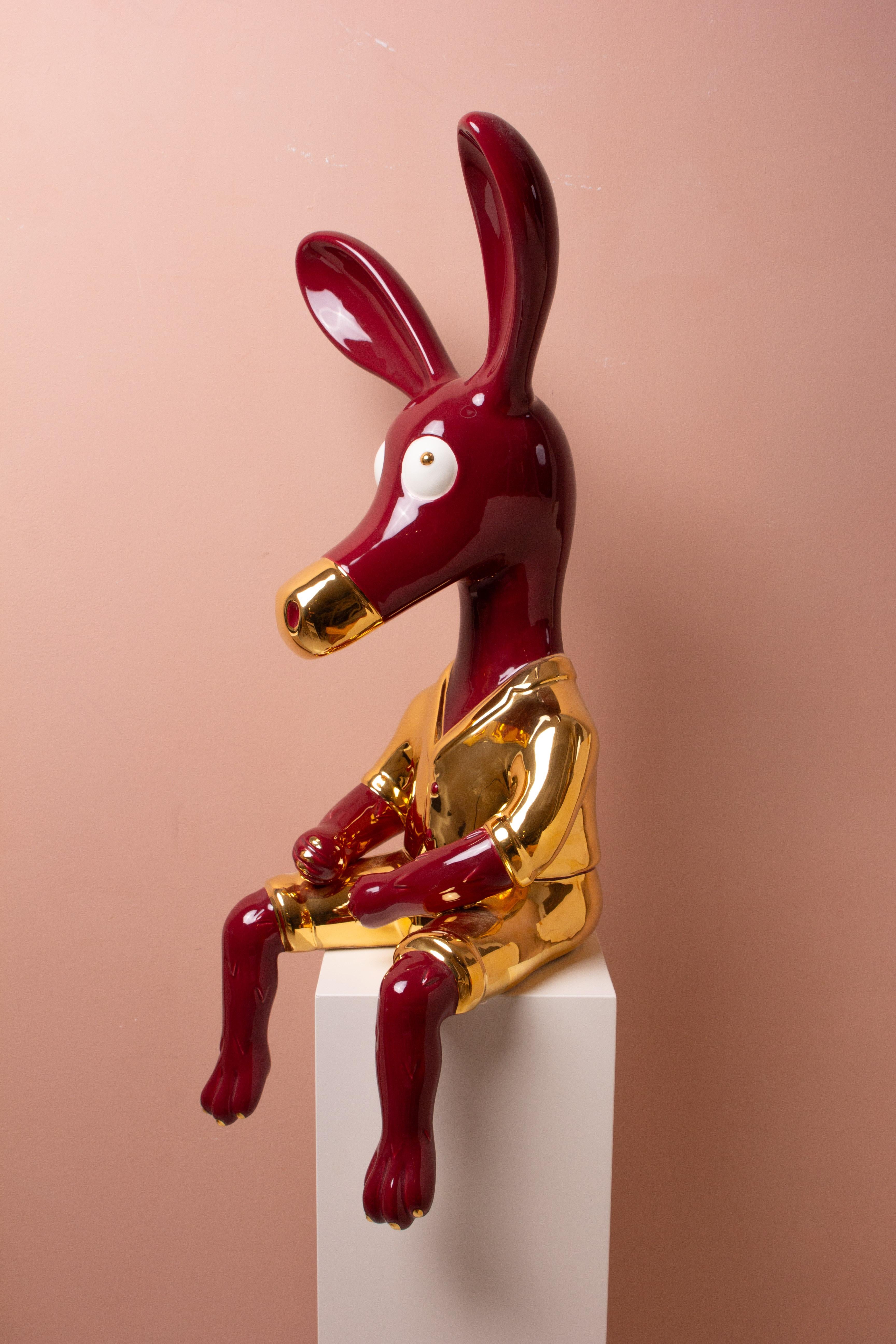 Cherry ang gold donky sculpture, ceramic and 24k gold finish For Sale 1