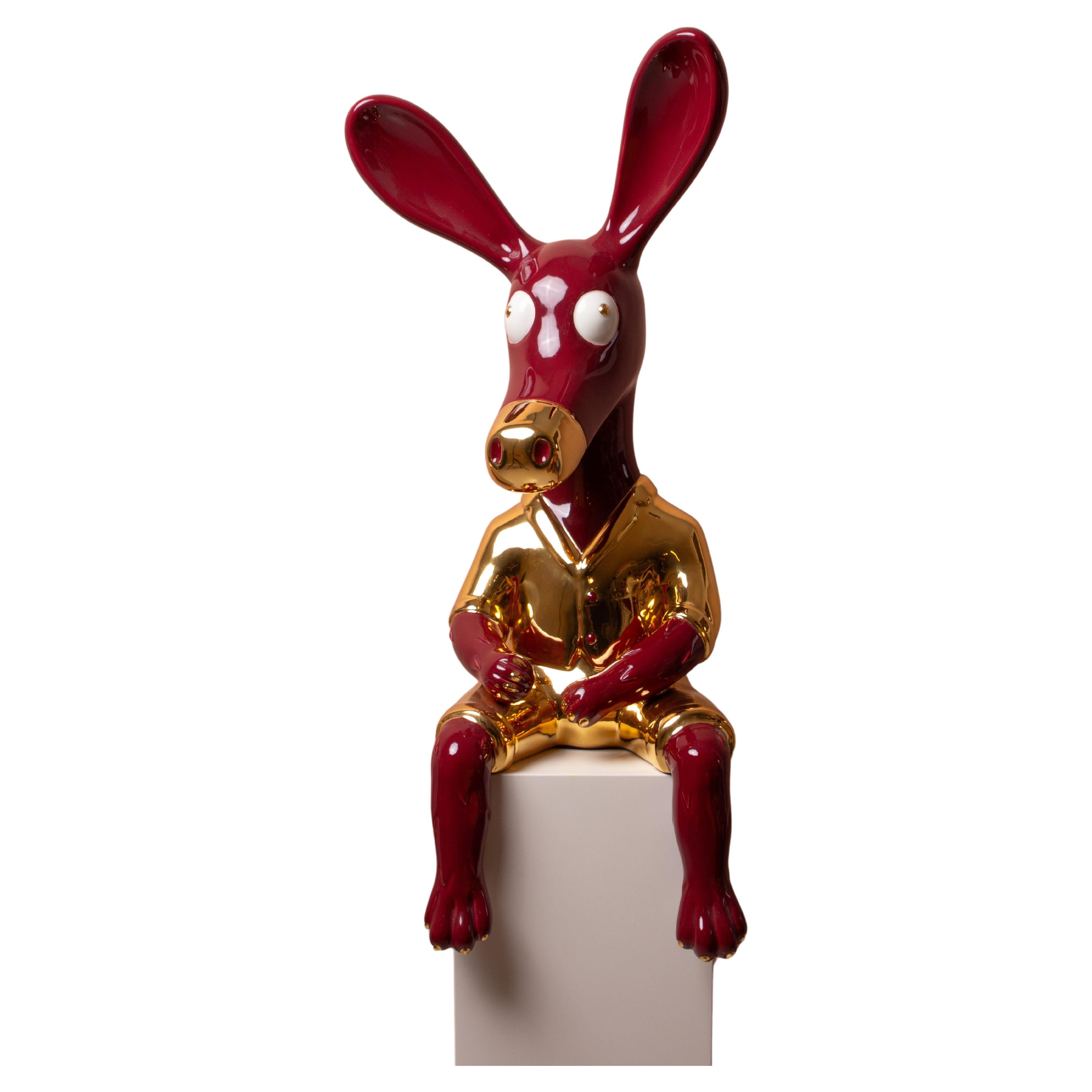 Cherry ang gold donky sculpture, ceramic and 24k gold finish For Sale