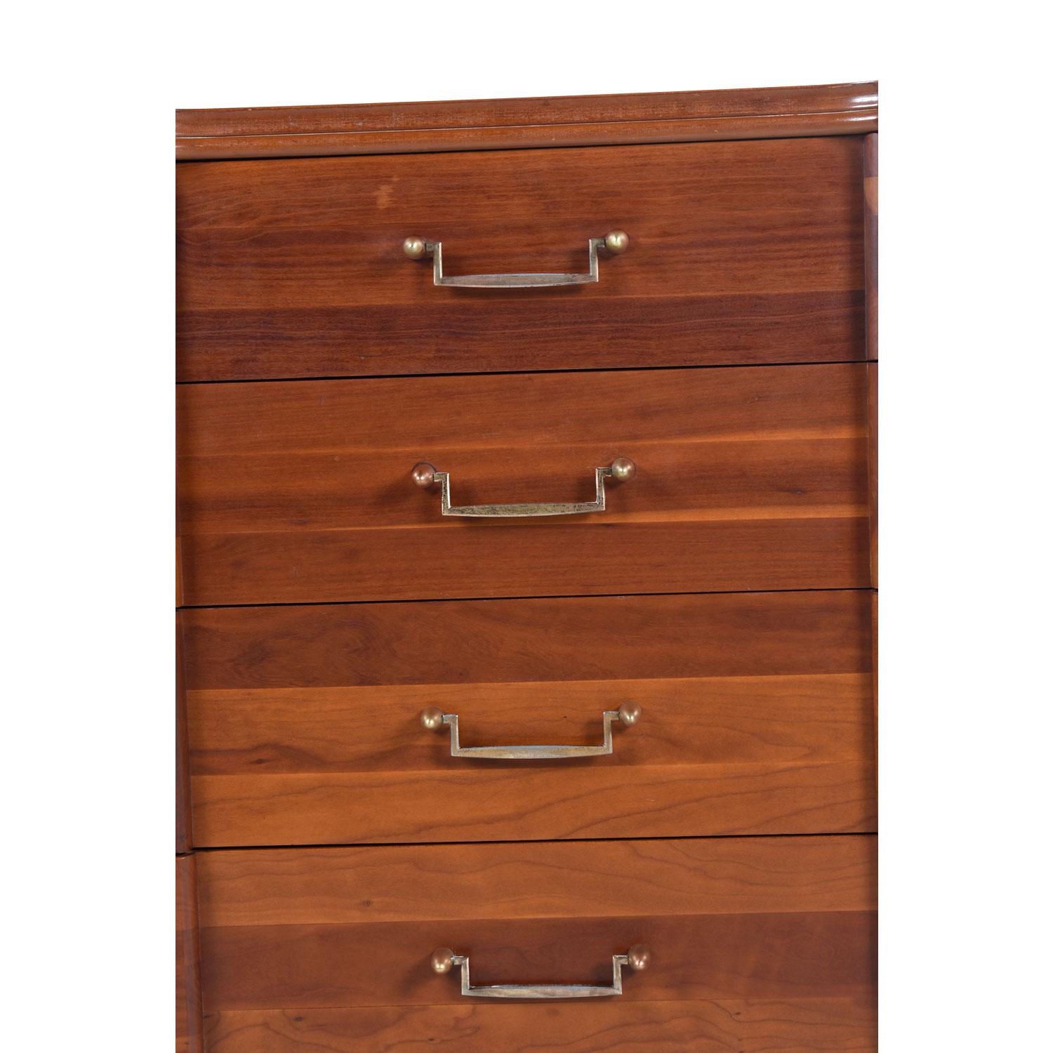Mid-20th Century Cherry Bachelors Chest by Hickory MFG with Brass Bullet Shaped Handles