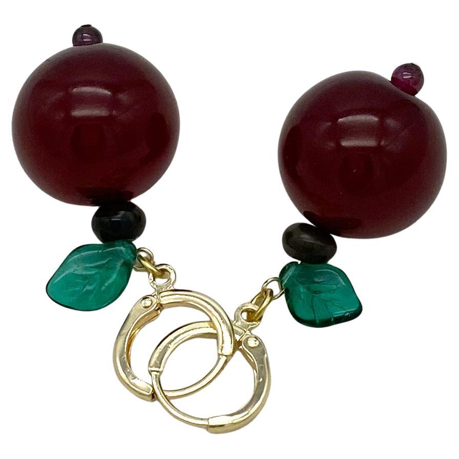Artisan Cherry Bakelite and Gold Filled Dangle Earrings For Sale