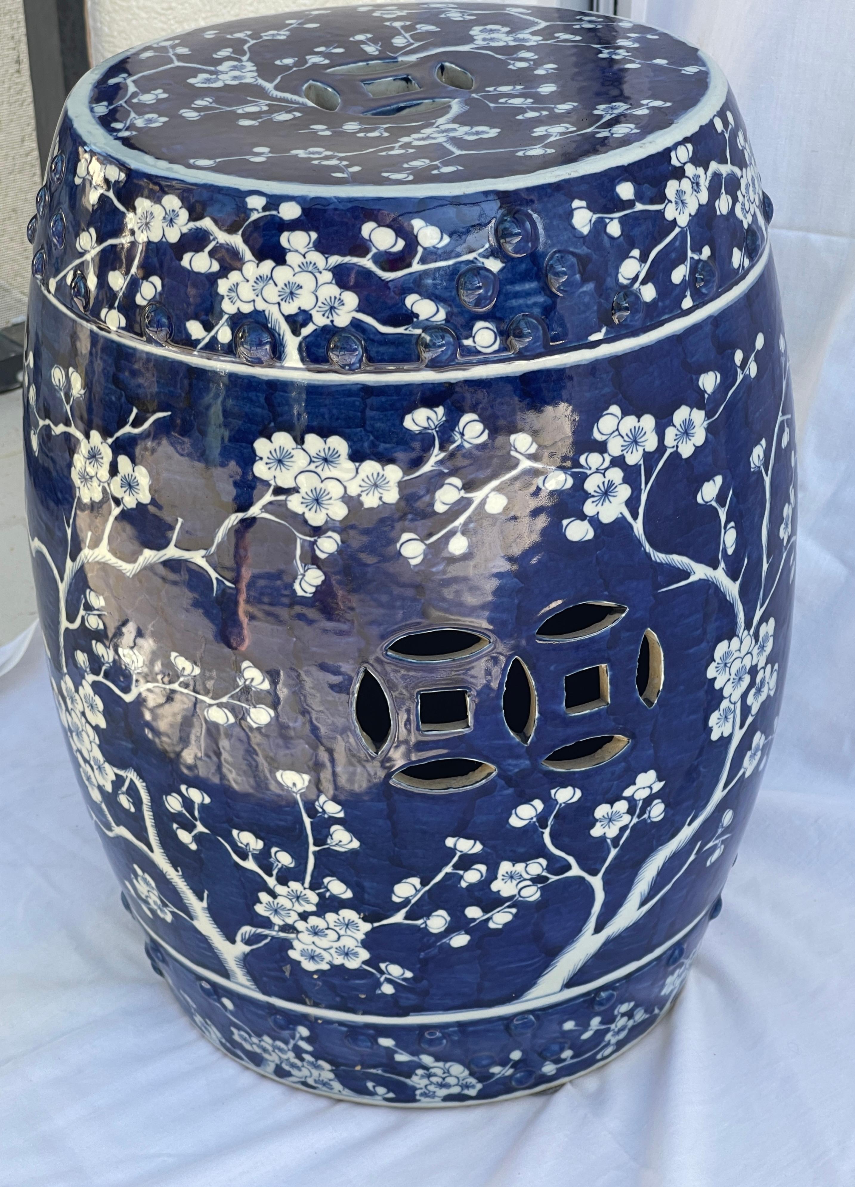 Chinese Export Cherry Blossom Blue & White Glazed Terracotta Garden Stool