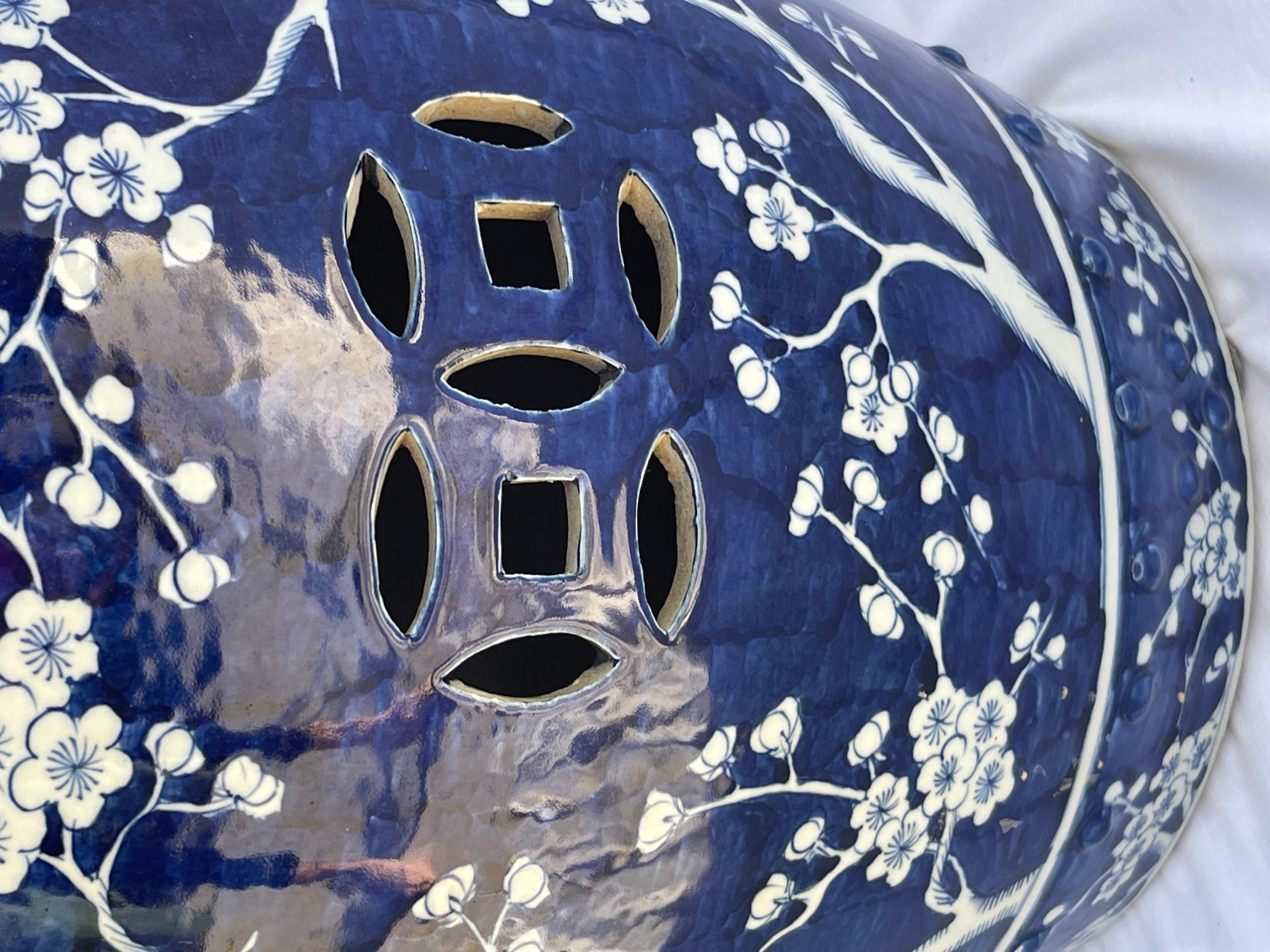 Chinese Cherry Blossom Blue & White Glazed Terracotta Garden Stool