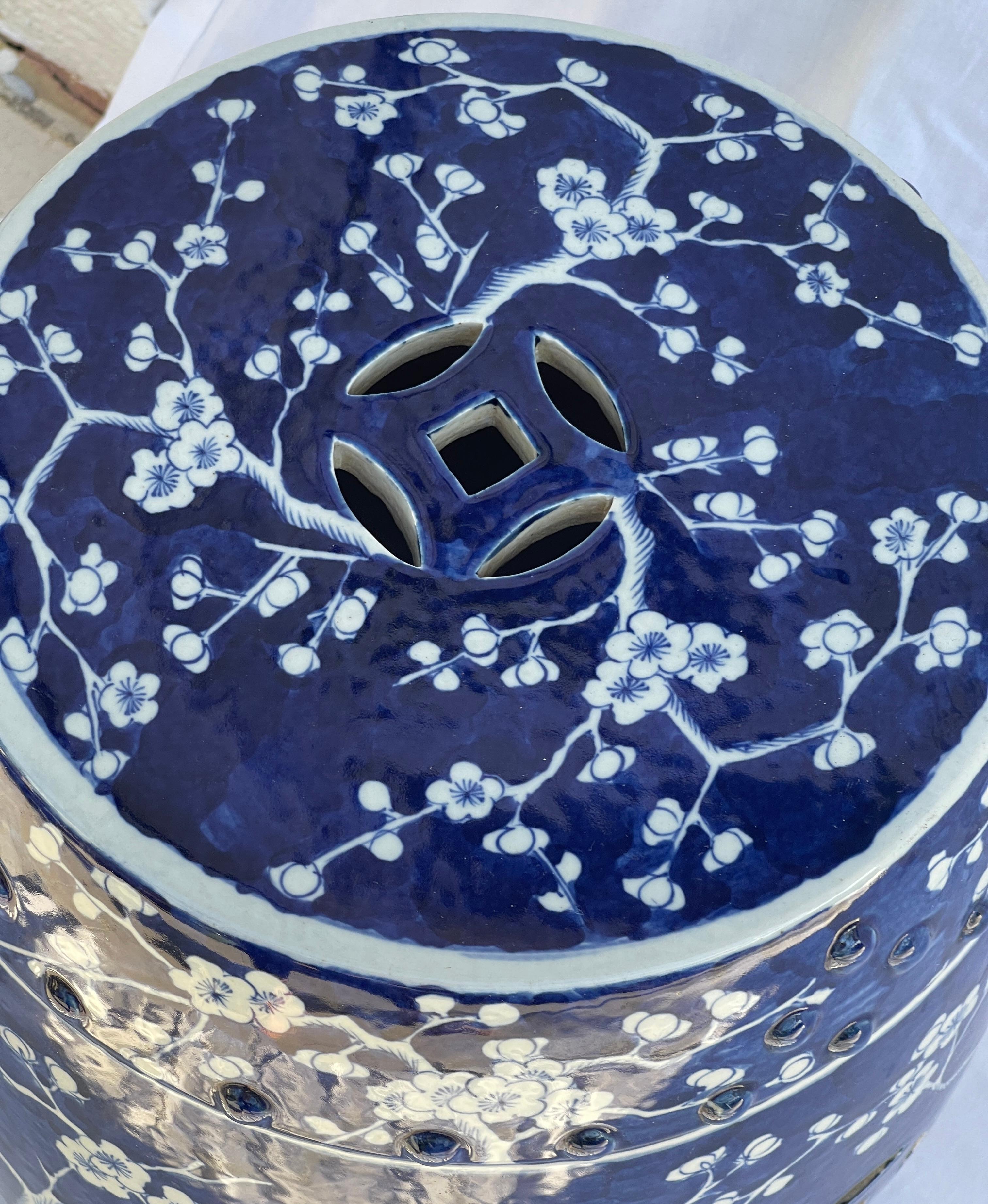 Hand-Painted Cherry Blossom Blue & White Glazed Terracotta Garden Stool