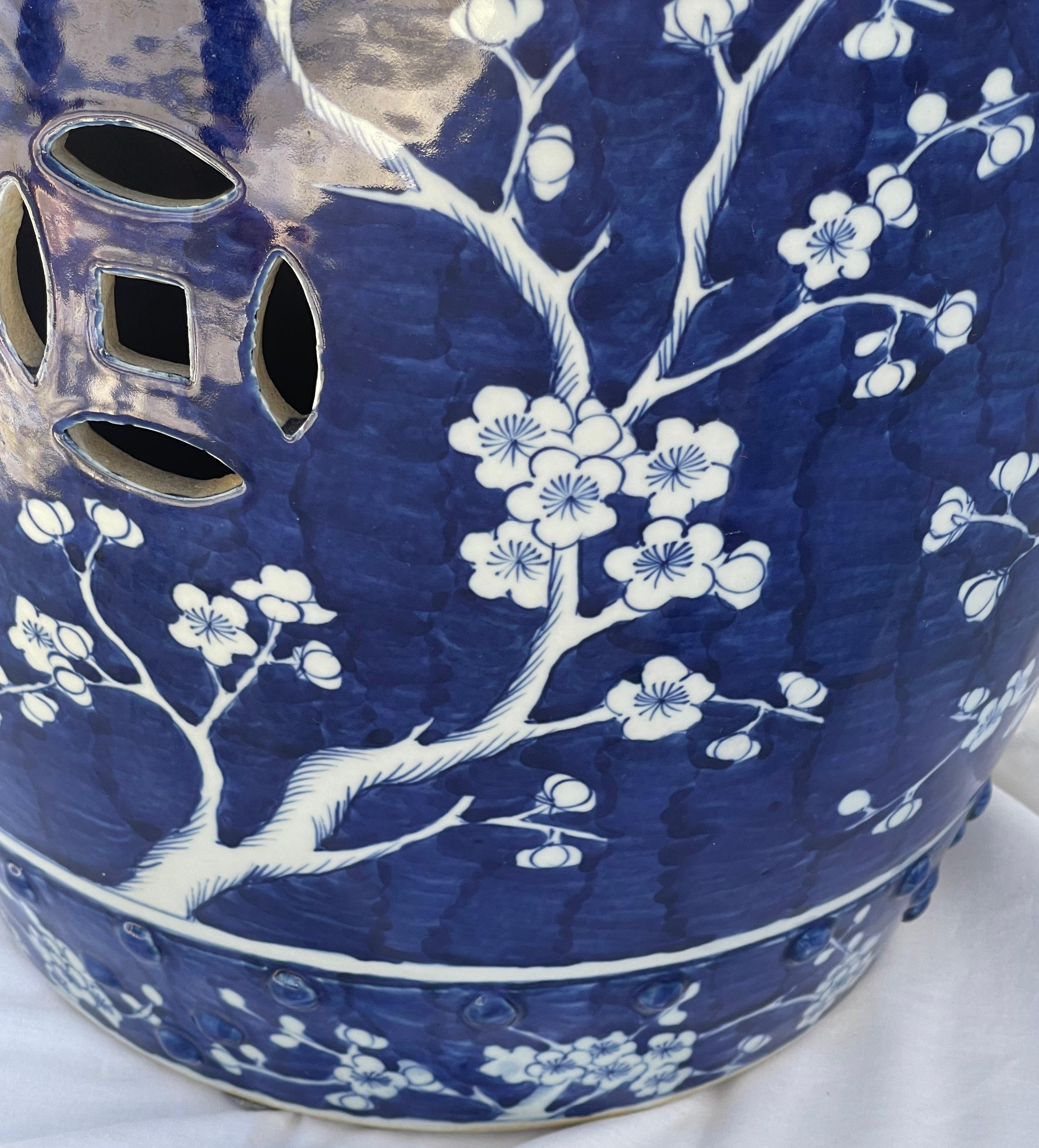 Cherry Blossom Blue & White Glazed Terracotta Garden Stool In Good Condition In West Palm Beach, FL